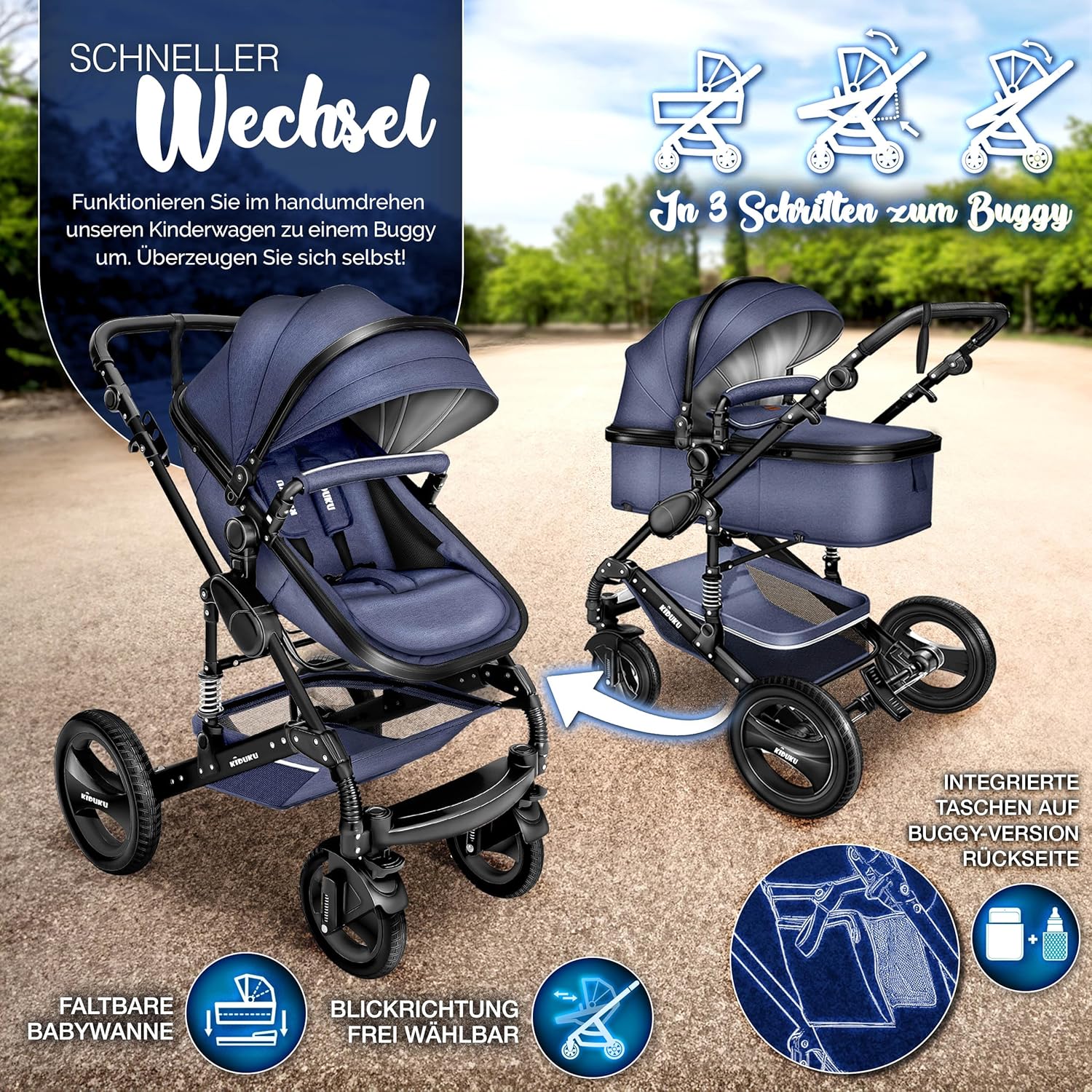 KIDUKU® Set completo passeggino 3 in 1 | Set passeggino combinato con navicella e sedile sportivo passeggino e seggiolino auto ovetto sacco a pelo | Ruote in gomma piena borsa per il cambio scaldamani parapioggia tavolino ECE R129
