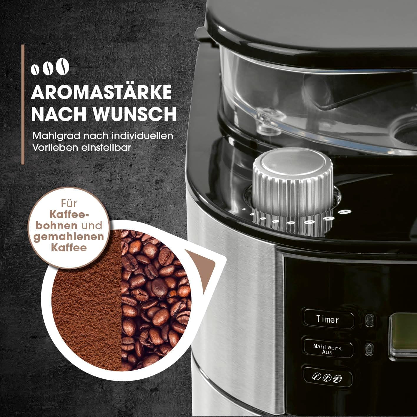 Barista Kaffeemaschine mit Mahlwerk | Filterkaffeemaschine mit Glaskanne | 900W Filtermaschine mit Touchdisplay & Timerfunktion für bis zu 10 Tassen | 1,25 Liter Kaffeekanne | Für Bohnen & Pulver