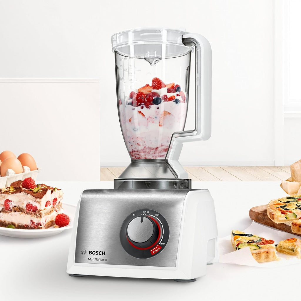 Bosch Kompakt-Küchenmaschine MultiTalent 8 MC812S814, 45 Funktionen, XXL-Rührschüssel 3,9 L, Mixer 1,5 L, Universalmesser, Rührbesen, schneiden und raspeln (fein,grob), 1250 W, wei/edelstahl
