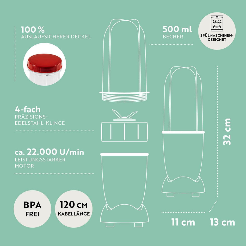 GOURMETmaxx Frullatore per Smoothie e Frullatore a Immersione Set da 18 pezzi - 400W | Frullatore Elettrico da 750ml, Mixer con 4 Bicchiere To-Go, 2 Lame, Spremiagrumi, Piedistallo e Coperchio | Lavabile in Lavastoviglie, a Prova di Perdite e Senza BPA