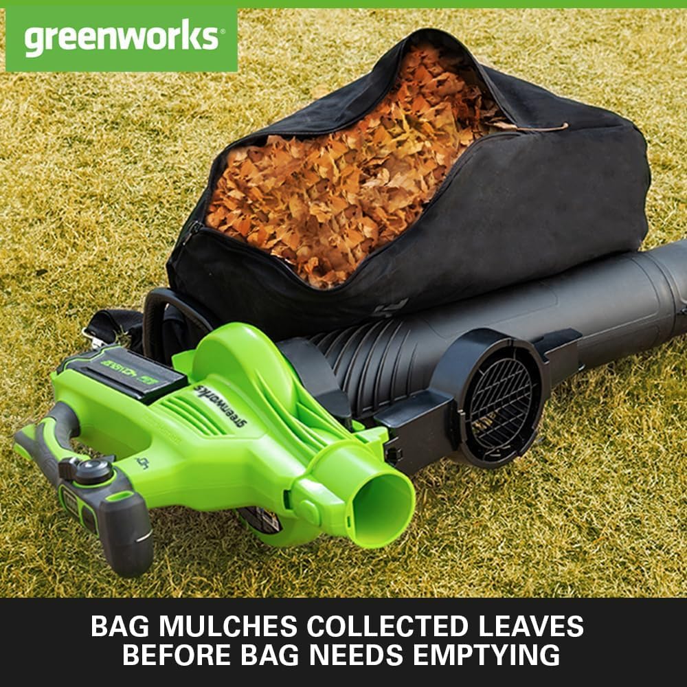 Greenworks 40V Soffiatore Assiale a Batteria con Cruise Control, 177 km/h, 11,05 m³/min, Sacco di Raccolta da 45L, due Batterie da 2Ah e Caricabatterie, 3 Anni di Garanzia GD40BVK2X