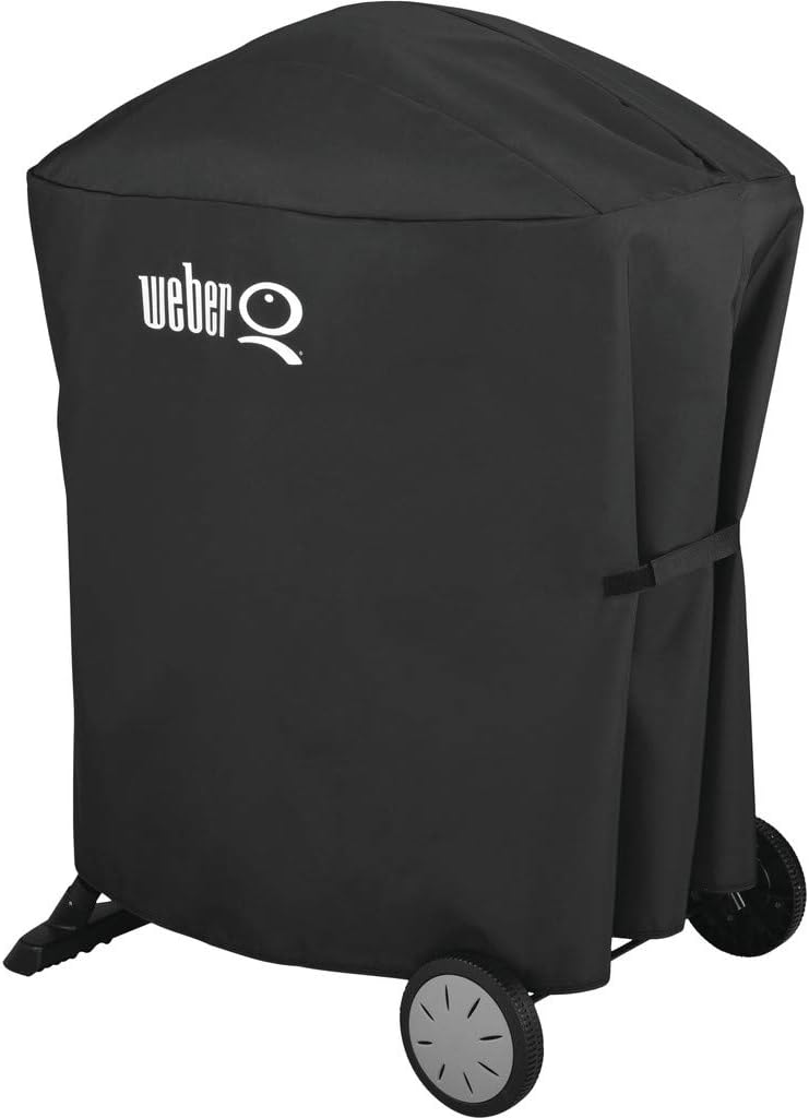 Weber Q2400 Barbecue elettrico con supporto + tavolini laterali, superficie di cottura 54 x 39 cm, portatile, griglia di cottura in ghisa smaltata in due pezzi, coperchio e braciere in ghisa d'alluminio - Grigio scuro (55020879)