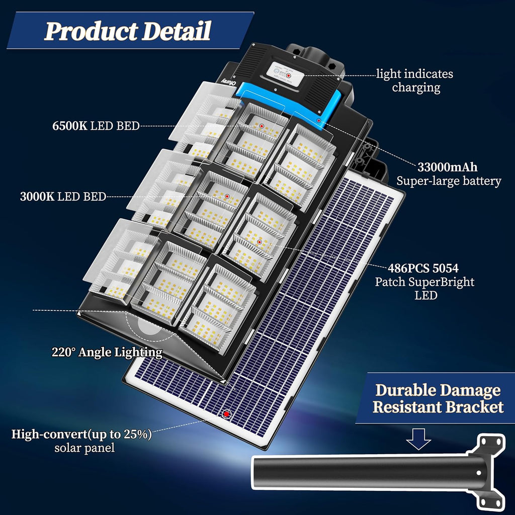 Ofuray 2000W Solar Straßenlaterne für Außen, 200000LM Solarlampen für Außen mit Bewegungsmelder, 6500K Solarleuchten Dämmerung bis zum Morgengrauen, IP67 Wasserdichte wegeleuchte für Parkplatz, Hof