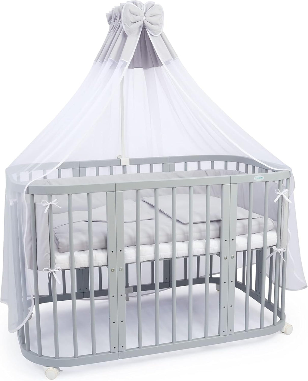 Waldin Lettino per bambini in legno 7in1 con materasso, Letto "Cresci con me", Ventilato, Base regolabile in 5 altezze, Set All-Inclusive, Legno Bianco