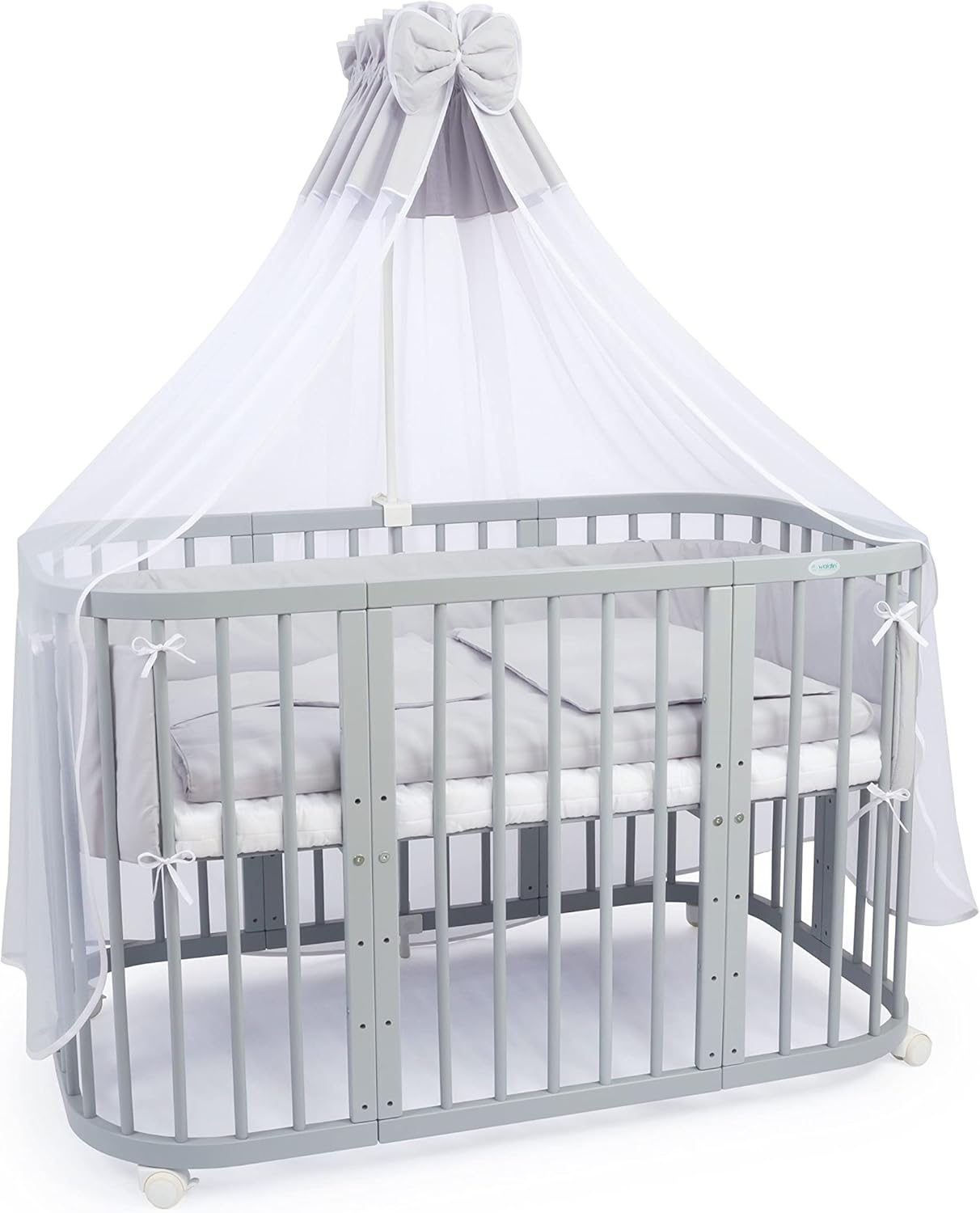 Waldin Lettino per bambini in legno 7in1 con materasso, Letto "Cresci con me", Ventilato, Base regolabile in 5 altezze, Set All-Inclusive, Legno Bianco