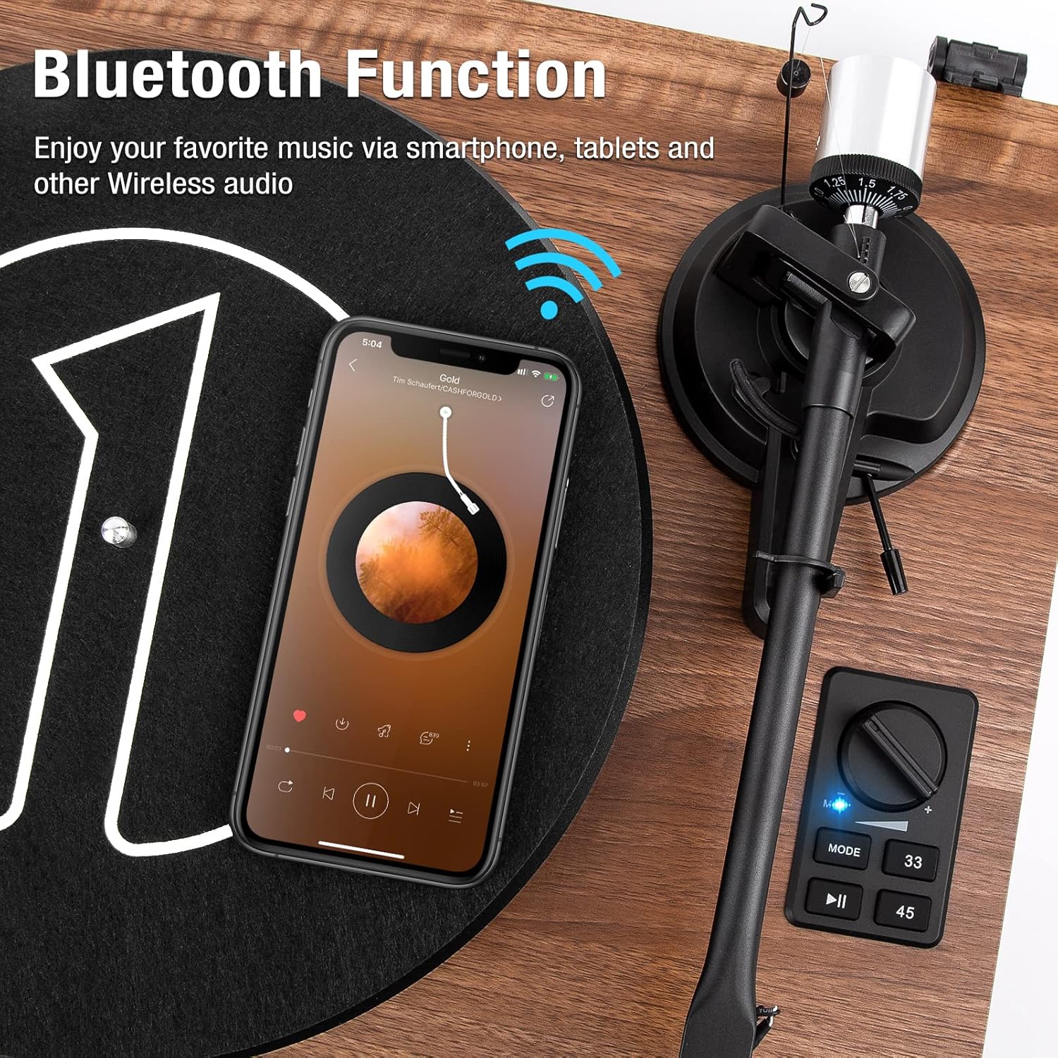 1 by ONE Plattenspieler mit Integrierten Lautsprechern Bluetooth 33/45 U/min Riemenantrieb MM Vinyl Record Player mit Auto-Stopp Funktion Phono-Vorverstrker