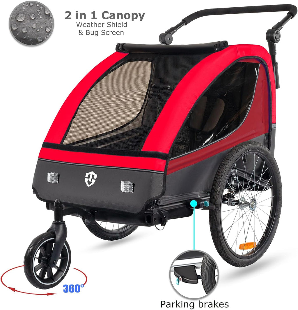 Tiggo VS Kinderanhänger 360° Drehbar mit Federung 2in1 Fahrradanhänger mit Buggy Set Jogger 5-Punkt Gurt Fahrrad Anhänger für 1 bis 2 Kinder max. 40kg