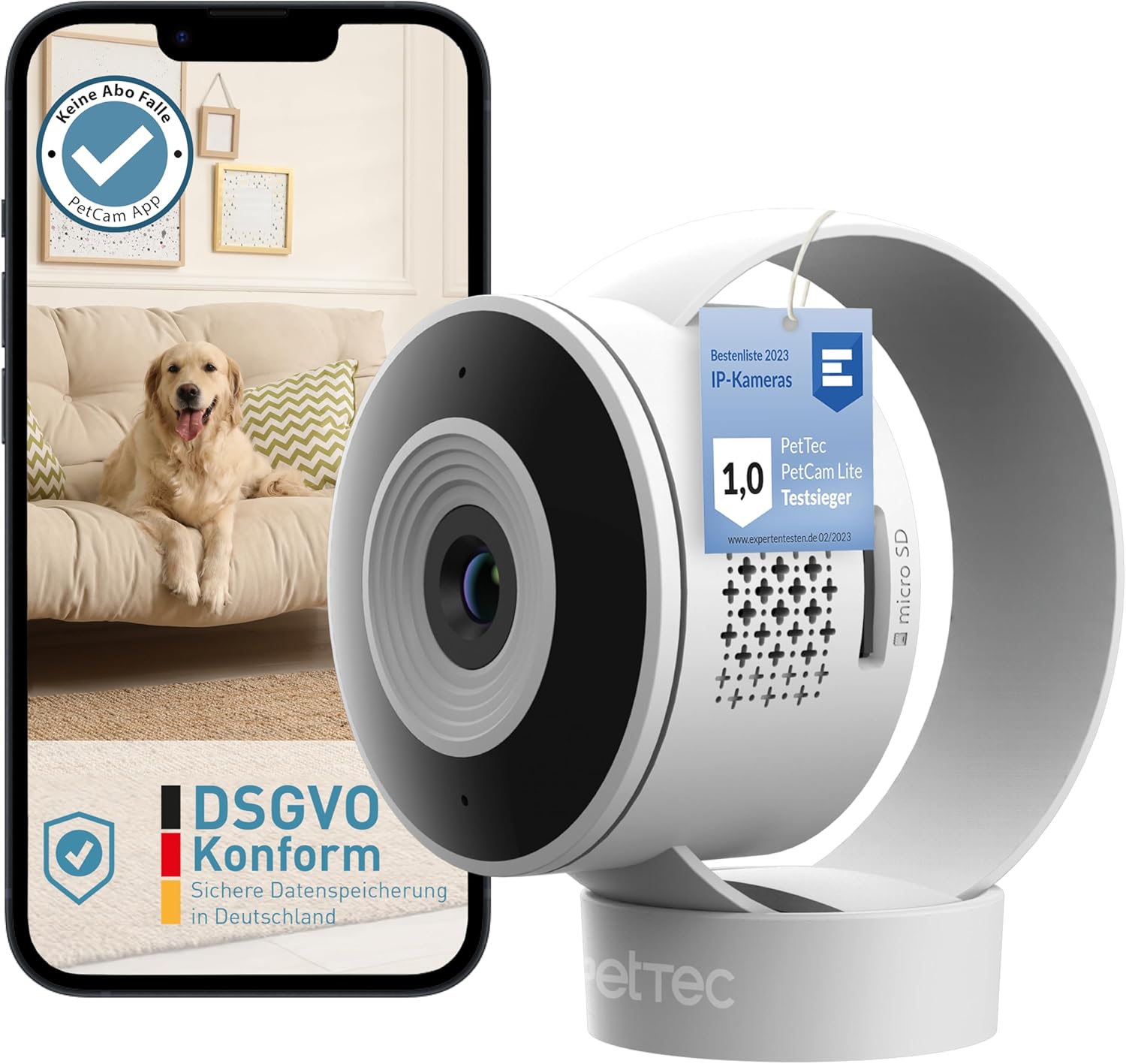 PetTec Videocamera per animali domestici a 360° e distributore automatico di cibo con espulsione di crocchette - tramite App e pulsante multifunzione - Rilevamento dei latrati - Funzione visione notturna 3MP - Telecamera per cani e gatti