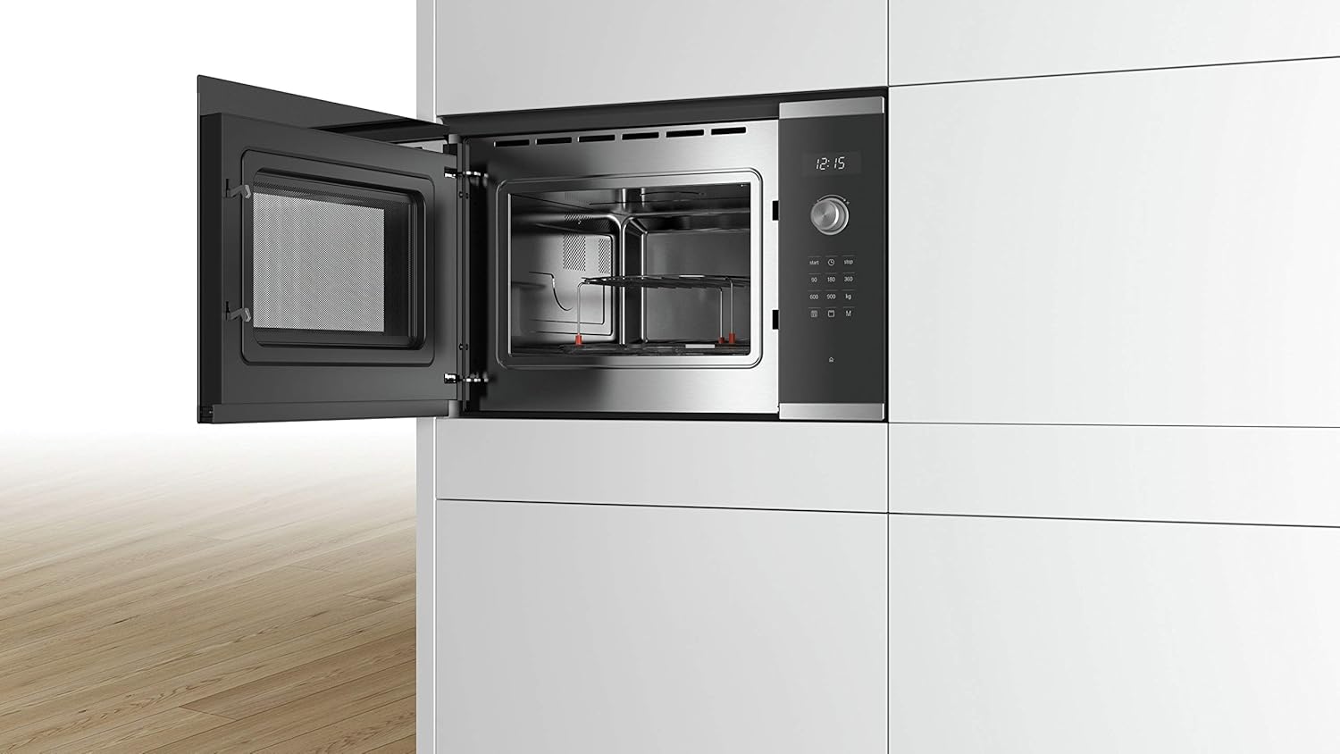 Bosch BEL554MS0 Microonde da incasso Serie 6, 38 x 59 cm, 900 W, piatto girevole da 31,5 cm, apertura porta a sinistra, AutoPilot 8 programmi automatici, sistema di pulizia assistita, display LED touch, Acciaio Inox