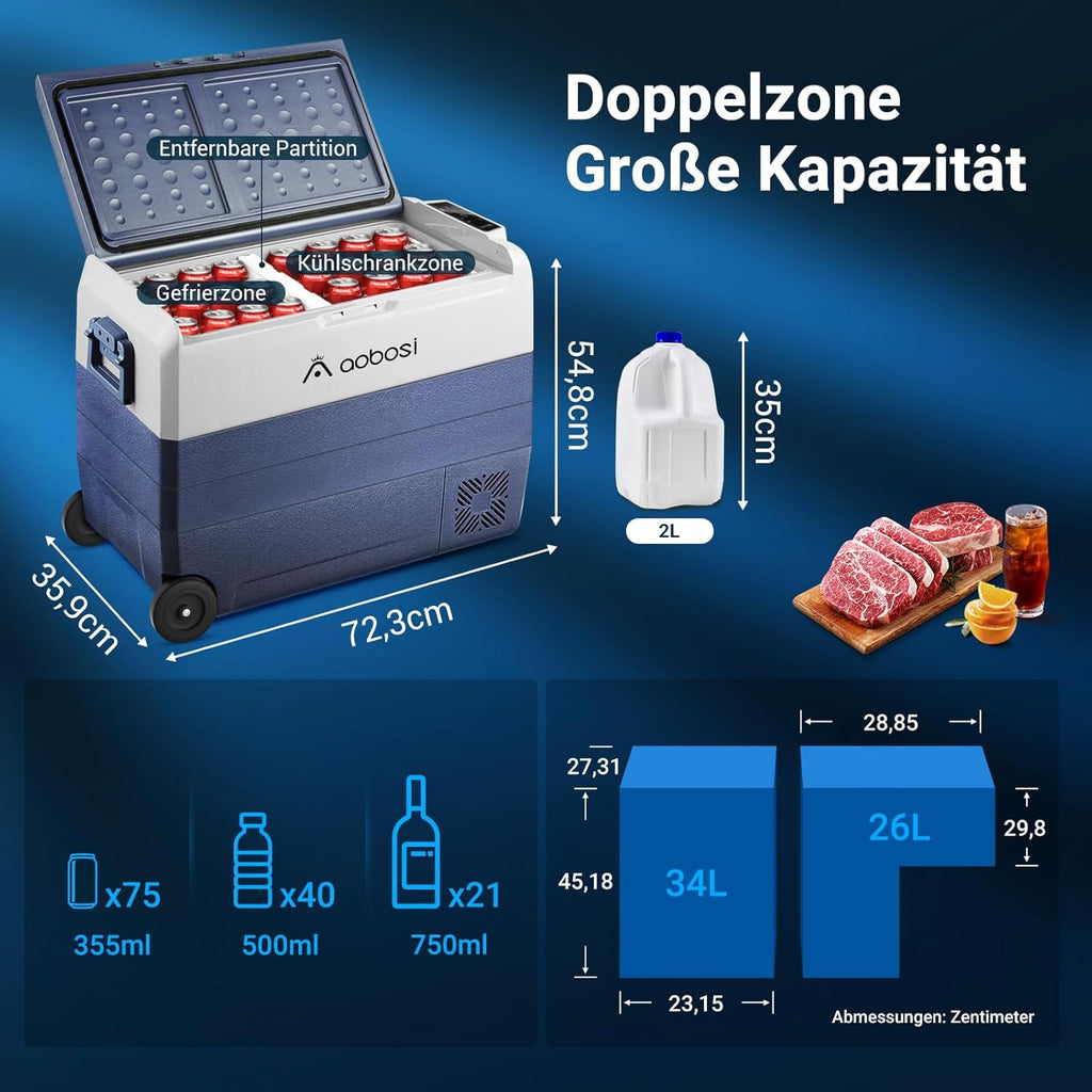 AAOBOSI Frigo Box a Compressore 36 L, Frigo Portatile per Auto con Controllo App WiFi, 12/24 V e 100-240 V, fino a -20 °C per Auto, Camion, Barca, Camper, Campeggio, Doppia Zona