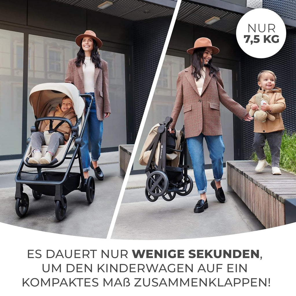 Kinderkraft NEWLY Kinderwagen 3 in 1, Komplettset bis 22 kg, Kindersitz I-Size 40-75 cm im set, Kombikinderwagen mit Fußsack, wasserfestes Verdeck mit UPF50+, Zusammenklappen, Liegeposition, Beige