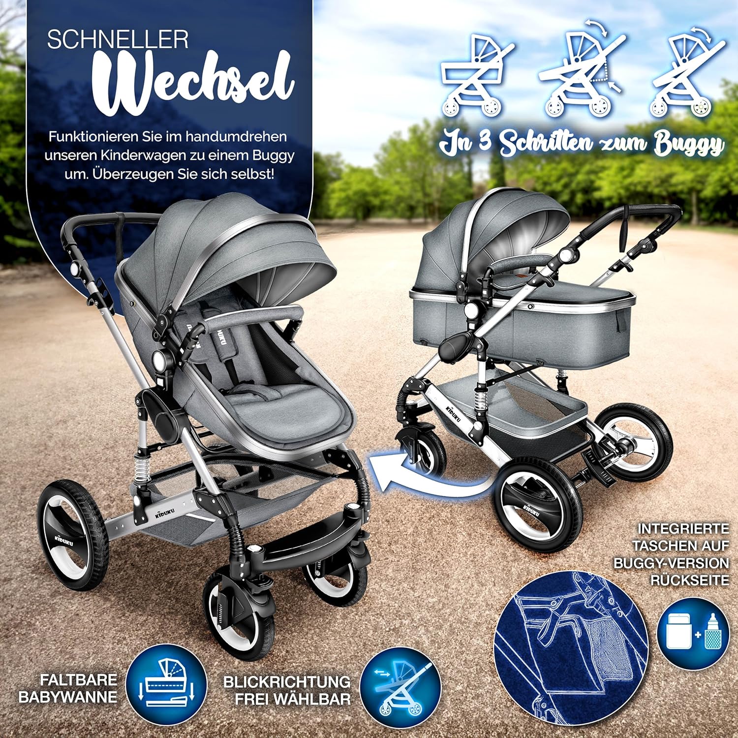 KIDUKU® Set completo passeggino 3 in 1 | Set passeggino combinato con navicella e sedile sportivo passeggino e seggiolino auto ovetto sacco a pelo | Ruote in gomma piena borsa per il cambio scaldamani parapioggia tavolino ECE R129