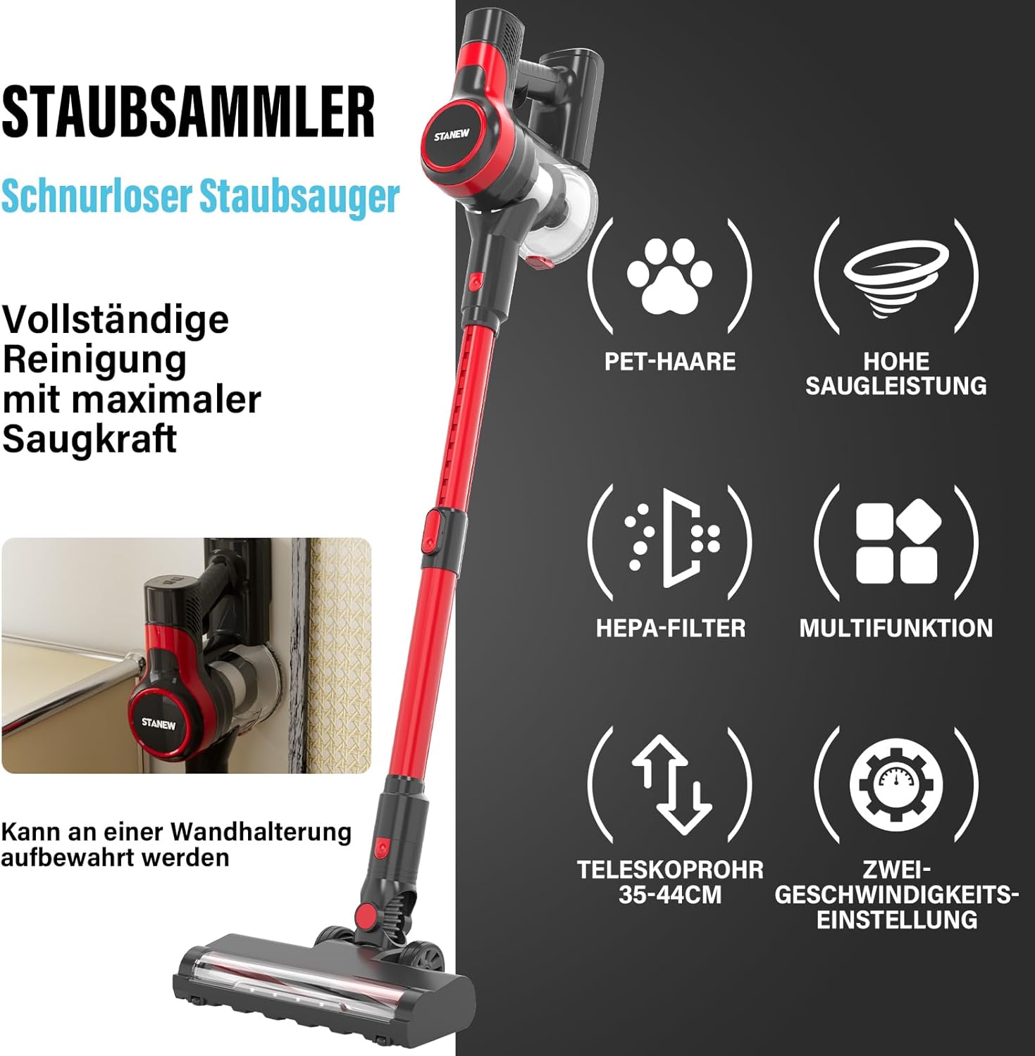 Stanew Aspirapolvere Portatile Senza Fili, 30Kpa, 320W, Pieghevole, 40 Min. di Autonomia, LED, per Peli di Animali, Tappeti, Auto, Pavimenti Duri, Divani, ecc. (ST-609-ZD)