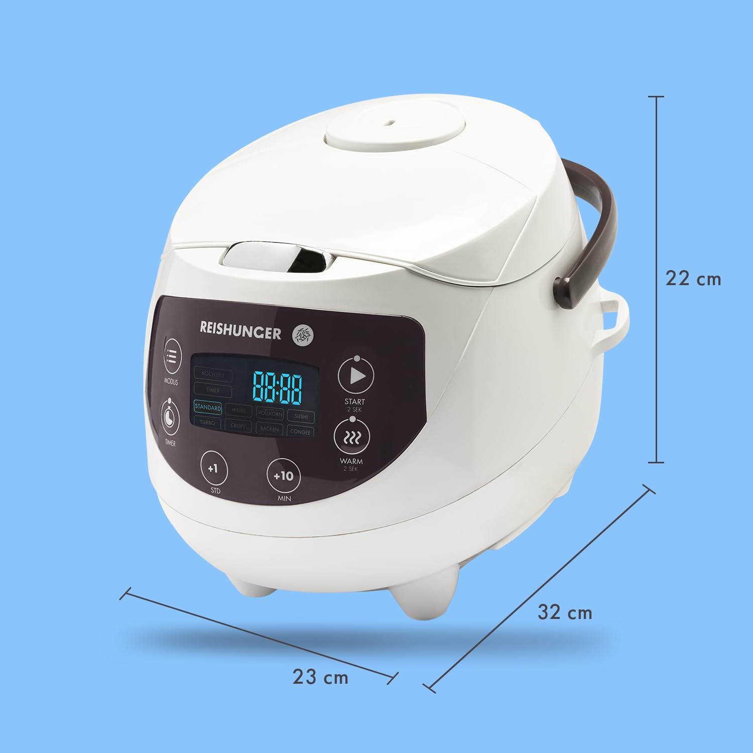 REISHUNGER Cuociriso digitale piccolo, nero | Da 0,6 L fino a 3 persone | Funzione mantenimento calore, timer e pentola premium | Multicooker e vaporiera piccoli, 8 programmi, tecnologia a 7 fasi