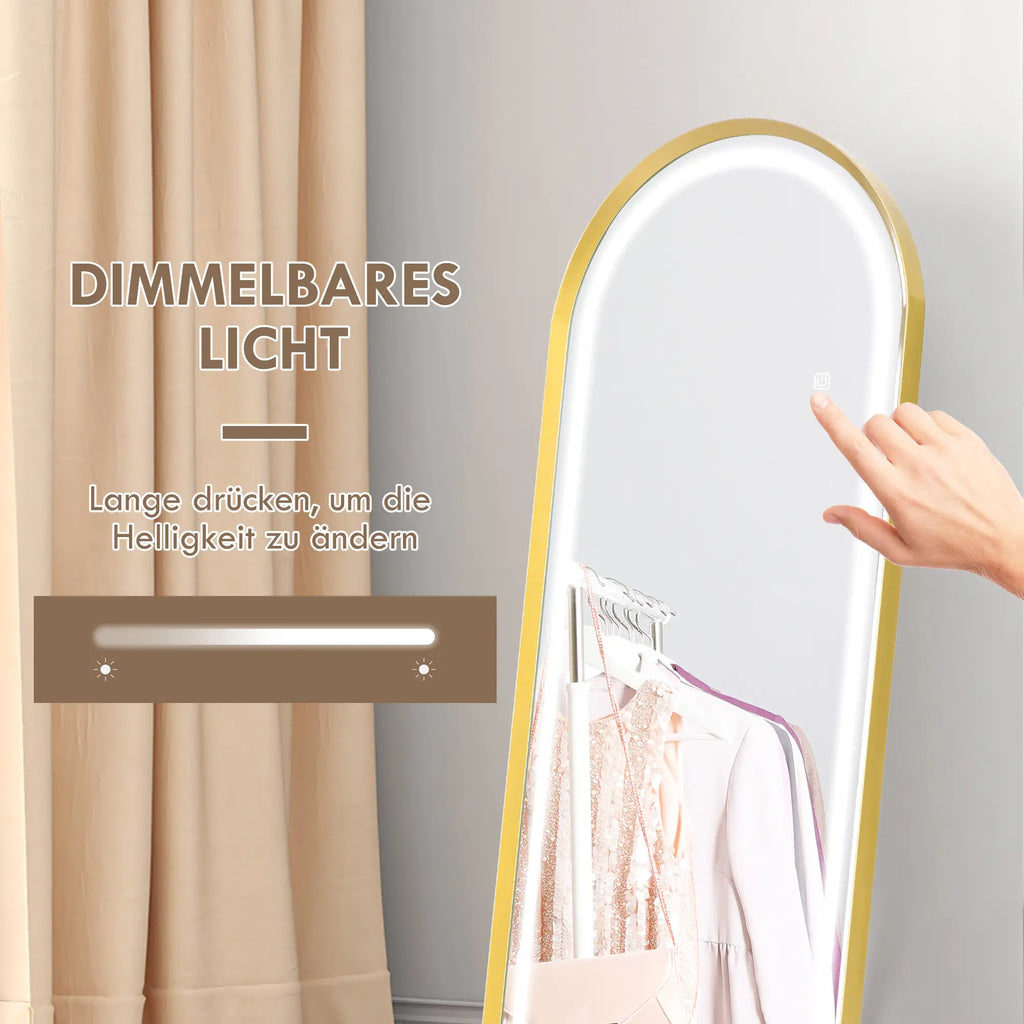 HOMCOM Standspiegel LED Touch dimmbar 3-in-1 Aluminium Gold