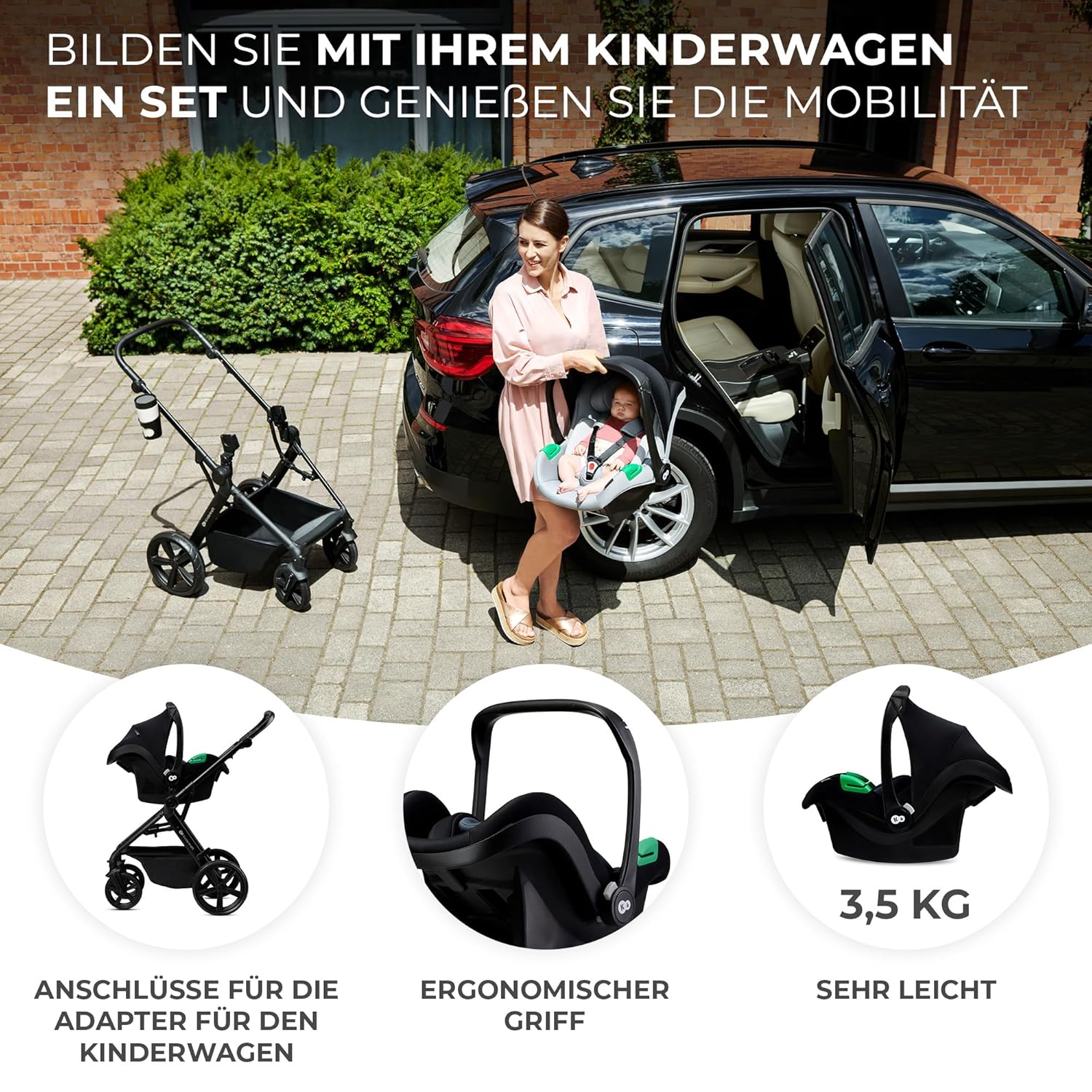 Kinderkraft NEWLY Kinderwagen 3 in 1, Komplettset bis 22 kg, Kindersitz I-Size 40-75 cm im set, Kombikinderwagen mit Fußsack, wasserfestes Verdeck mit UPF50+, Zusammenklappen, Liegeposition, Beige