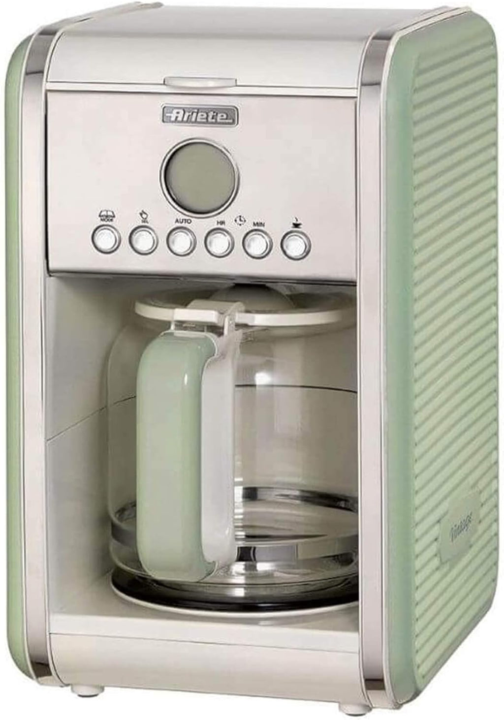 Ariete Vintage 1342 Macchina da Caffè Americano Retrò, Caraffa in Vetro Temperato, Fino a 12 Tazze, Timer 24 Ore, Spegnimento Automatico, Funzione Anti-Goccia, Piastra Riscaldante, Capacità 1.5 L, 2000 W, Verde