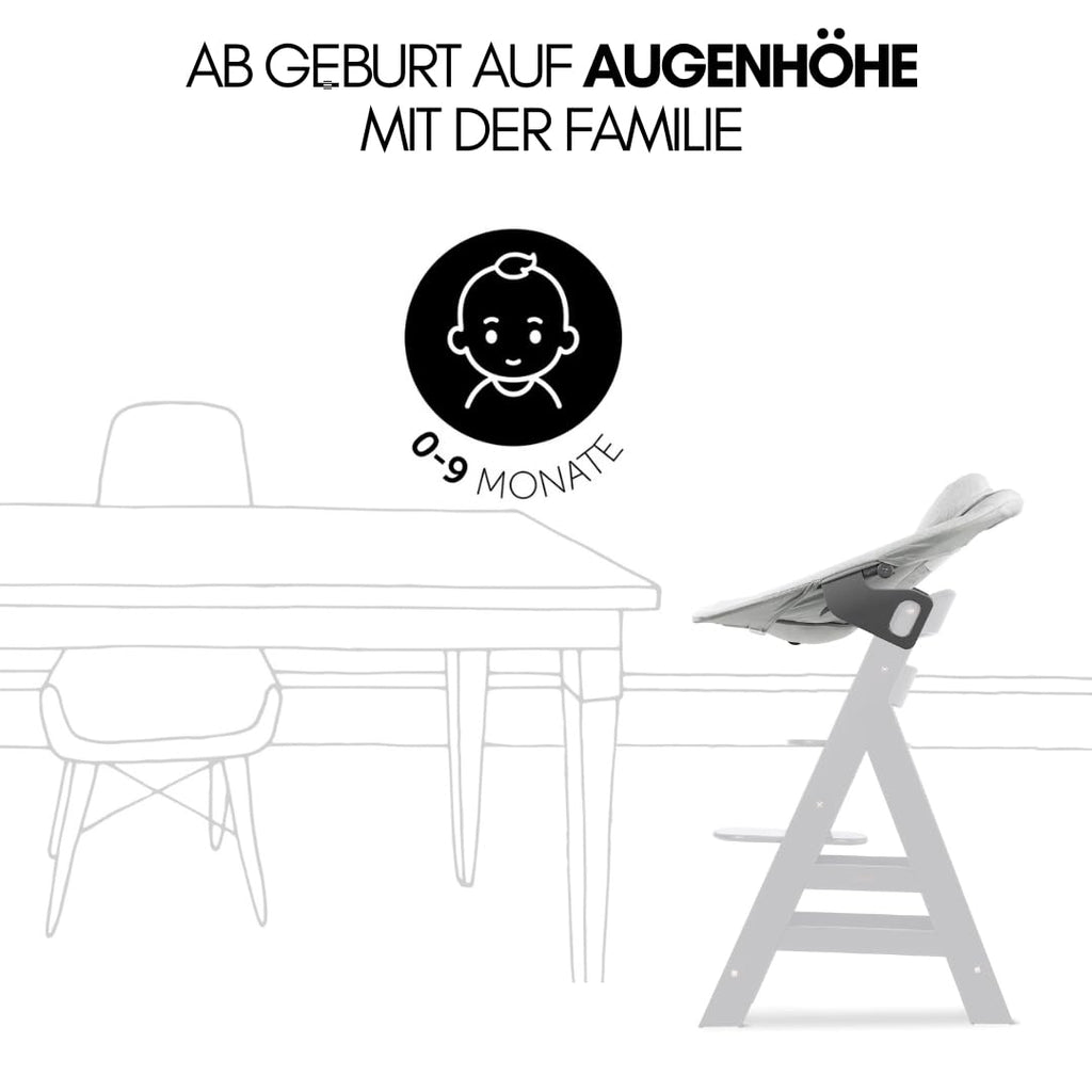 hauck Alpha Plus Newborn Set mit Premium Bouncer Dark Grey - Baby Holz Hochstuhl ab Geburt mit Liegefunktion - extra flacher Aufsatz für Neugeborene & Baumwoll Sitzpolster - Grau