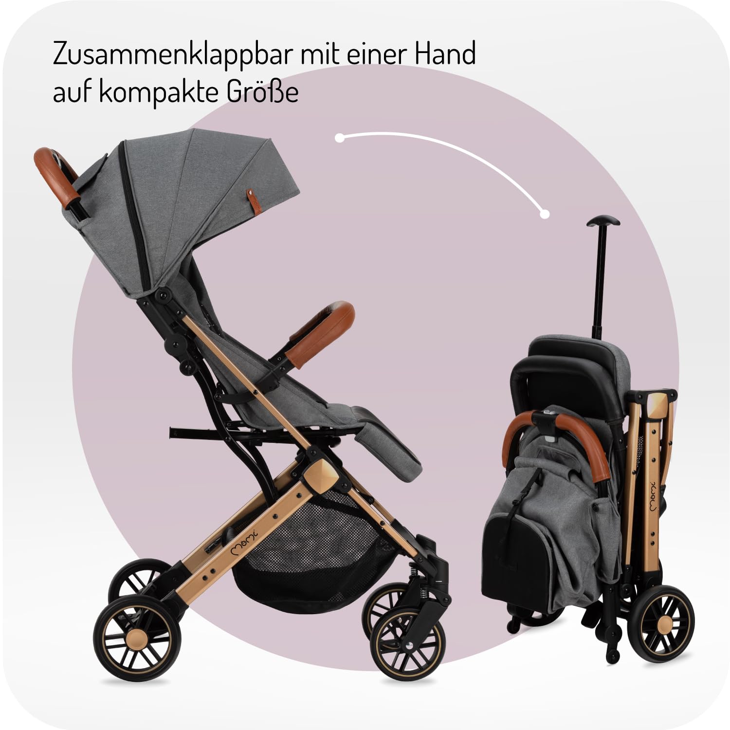 MOMI ESTELLE Kinderwagen für Kinder ab 6 Monat bis zu max körpergewicht von 15 kg, klappbar auf die Maße 65 x 51 x 21 cm, gewicht 7,5 kg, 5-Punkt-Sicherheitsgurt, koffer, grau-gold, Räder 6''/6,5''