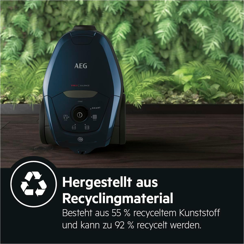 AEG VX82-1-KO Aspirapolvere / 75% materiale riciclato / regolazione automatica della potenza di aspirazione / estremamente silenzioso anche su tappeti / raccoglie particelle grandi + piccole / cavo lungo / 600W / nero