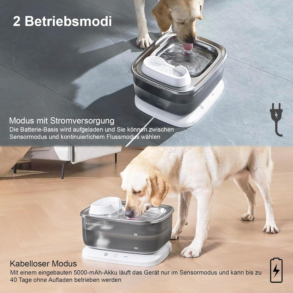 AstroPet 7L Trinkbrunnen für Hunde und Katzen, Ultraleiser, Kabelloser, Automatischer Katzenbrunnen und Hundebrunnen, 40 Tage Lange Akkulaufzeit, Weniger als 30dB Extrem Leiser (ADDF-003+ 2*AAWF-003)