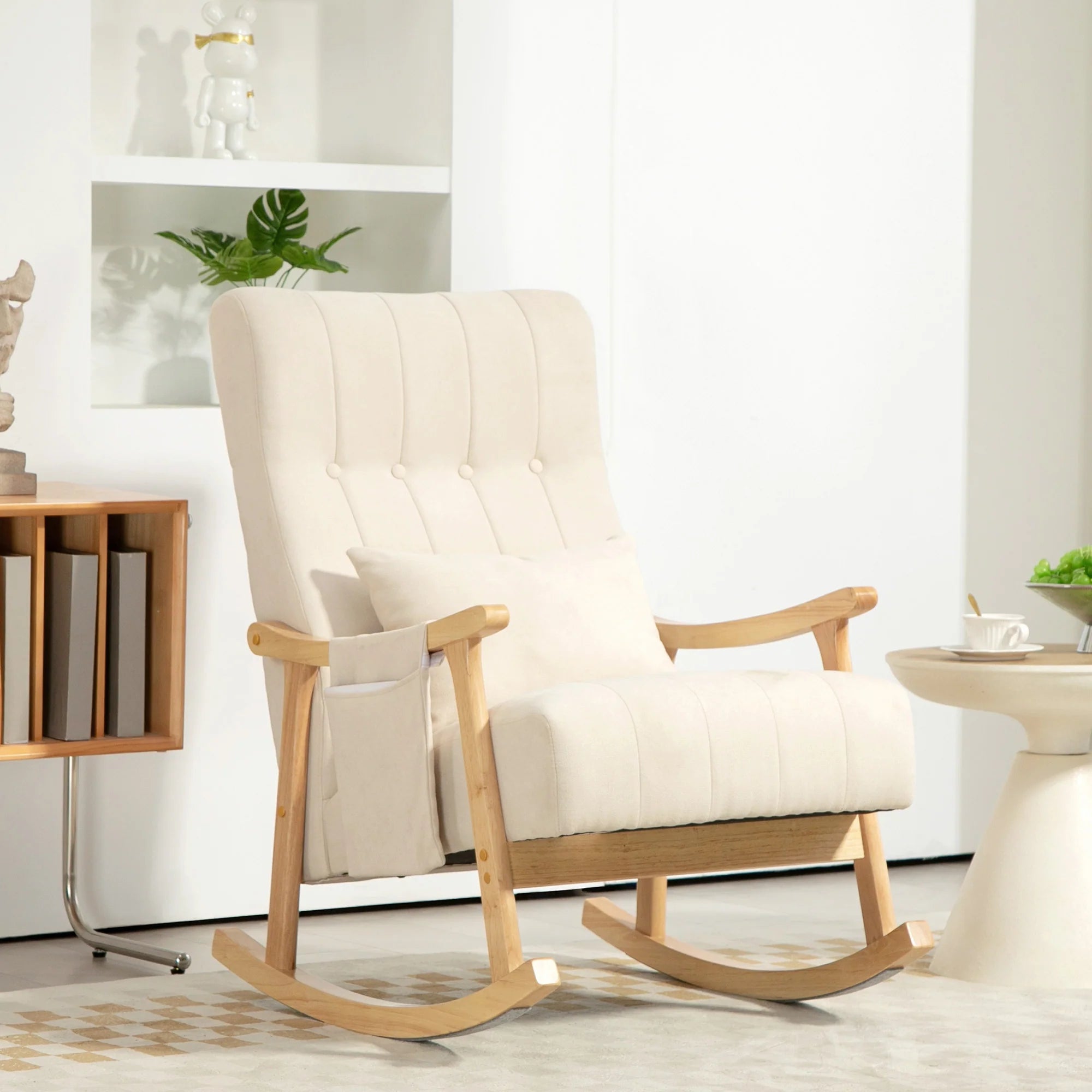 HOMCOM Sedia a Dondolo con Cuscino Lombare e Tasca Laterale Beige