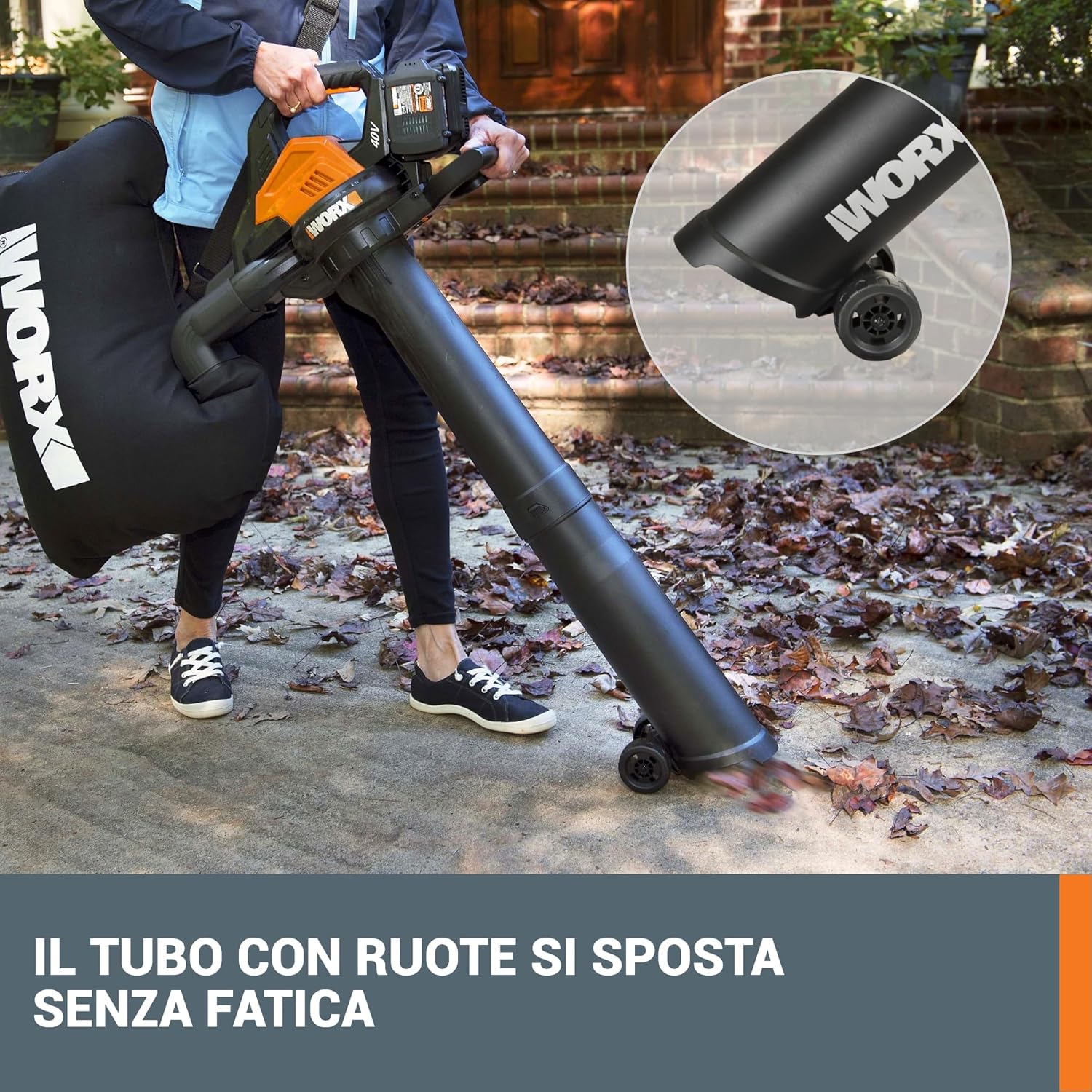 WORX WG583E.9 Soffiatore/Aspiratore per Foglie a Batteria 40V (2x20V) - 2 in 1 per Spazzare e Aspirare le Foglie - Sacco di Raccolta da 35L - Senza Batteria e Caricabatterie, Nero / Arancione