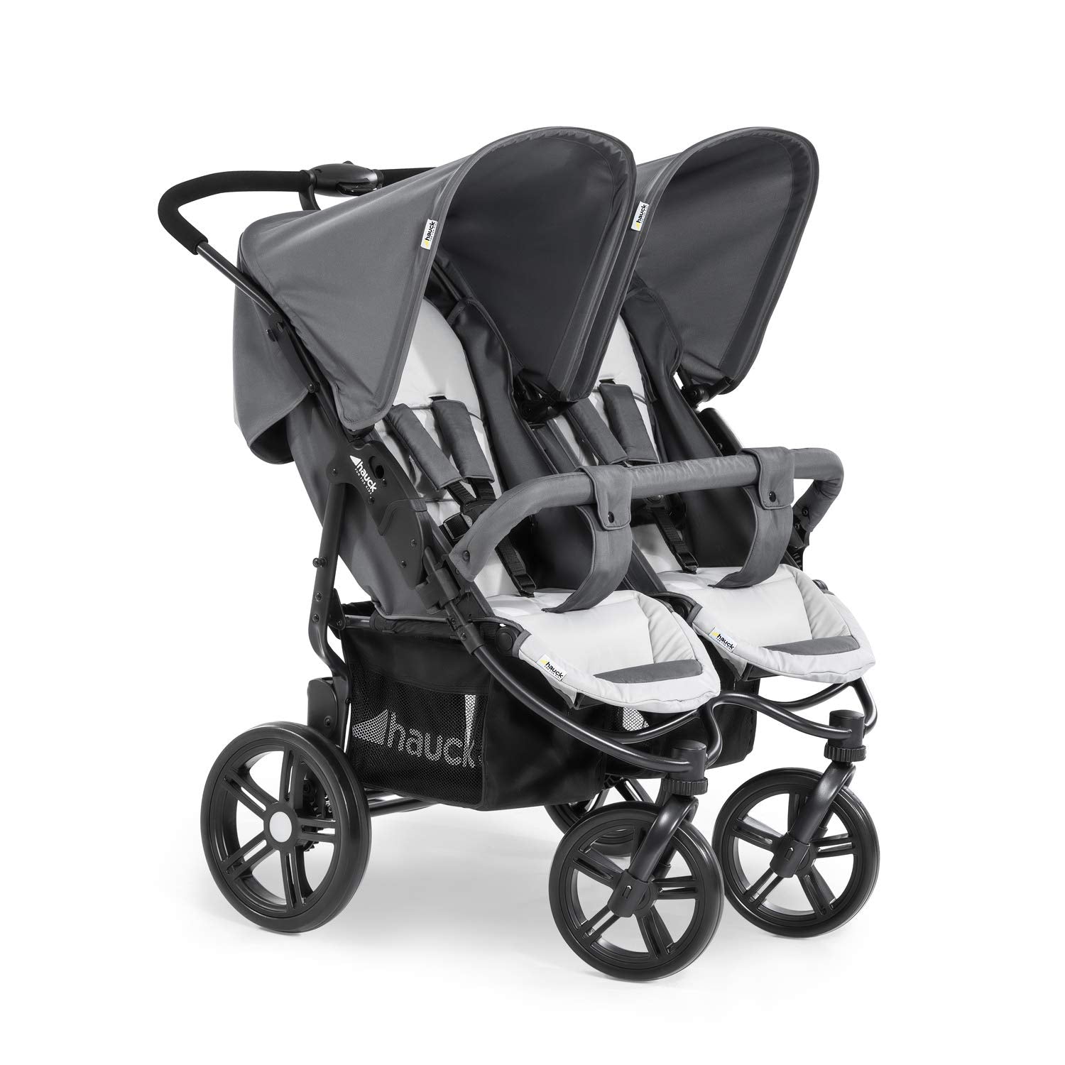hauck Passeggino Gemellare Roadster Duo SLX, da Nascita a 15 kg (circa 3 anni) con Funzione Reclinabile, Cestino XL, Pieghevole Facile e Compatto, Ruote Grandi (Grigio/Argento)