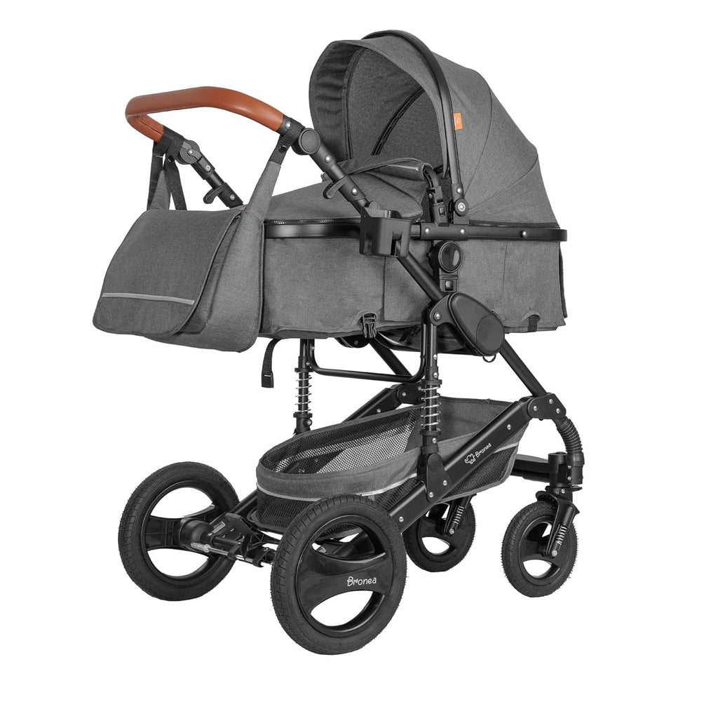 Bronea EXQUISE Kombi-Kinderwagen 3 in 1 INKL. MATRATZE | FARBAUSWAHL | Buggy, Auto-Babyschale, Zusammenklappbar mit Wickeltasche, Regenschutz, Mückenschutz & Sonnenschutz, Farbe:schwarz/champagne