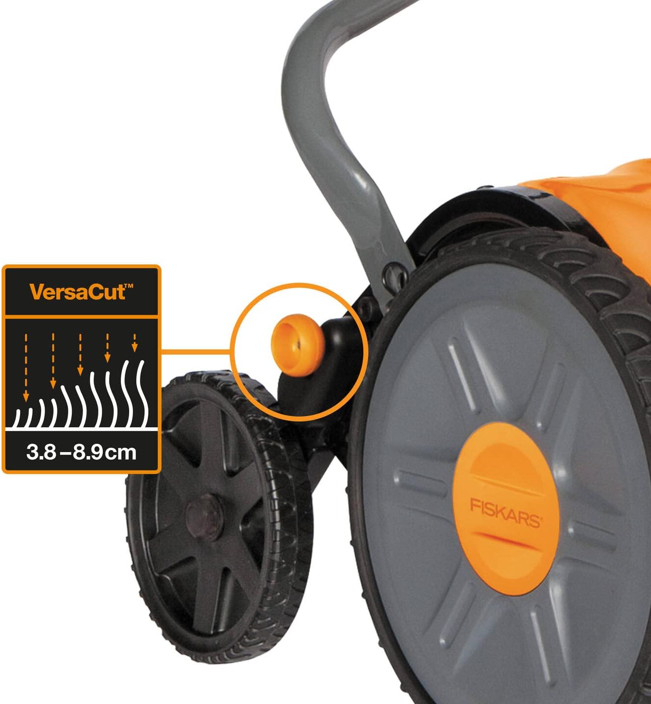 Fiskars Spindelmher, Rasenmher mit berührungslosem Schneidesystem, Schnittbreite: 43 cm, StaySharp Plus, Schwarz/Orange/Silber, 1015649