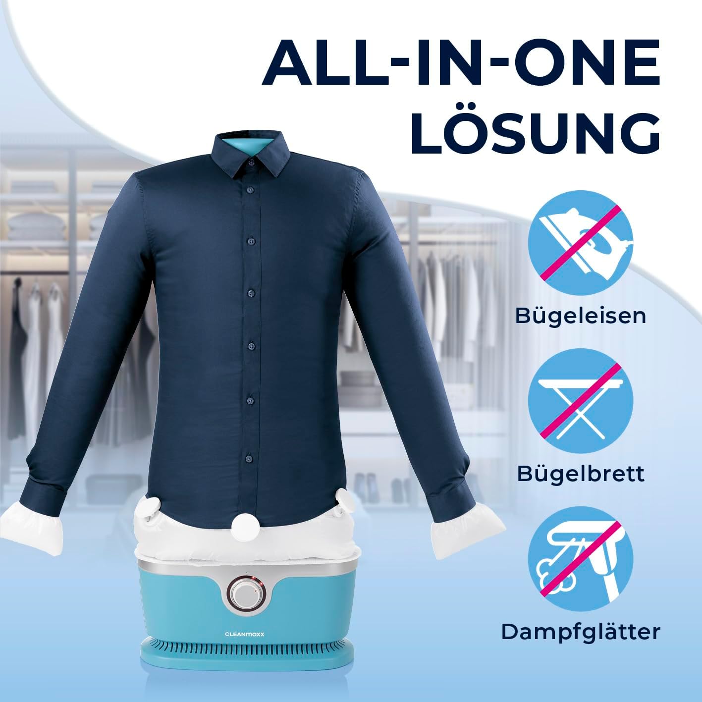 CLEANmaxx Stiratore automatico per camicie per asciugare e stirare camicie e bluse, inclusivo di accessorio per pantaloni | Il modo innovativo e delicato per stirare il vostro bucato