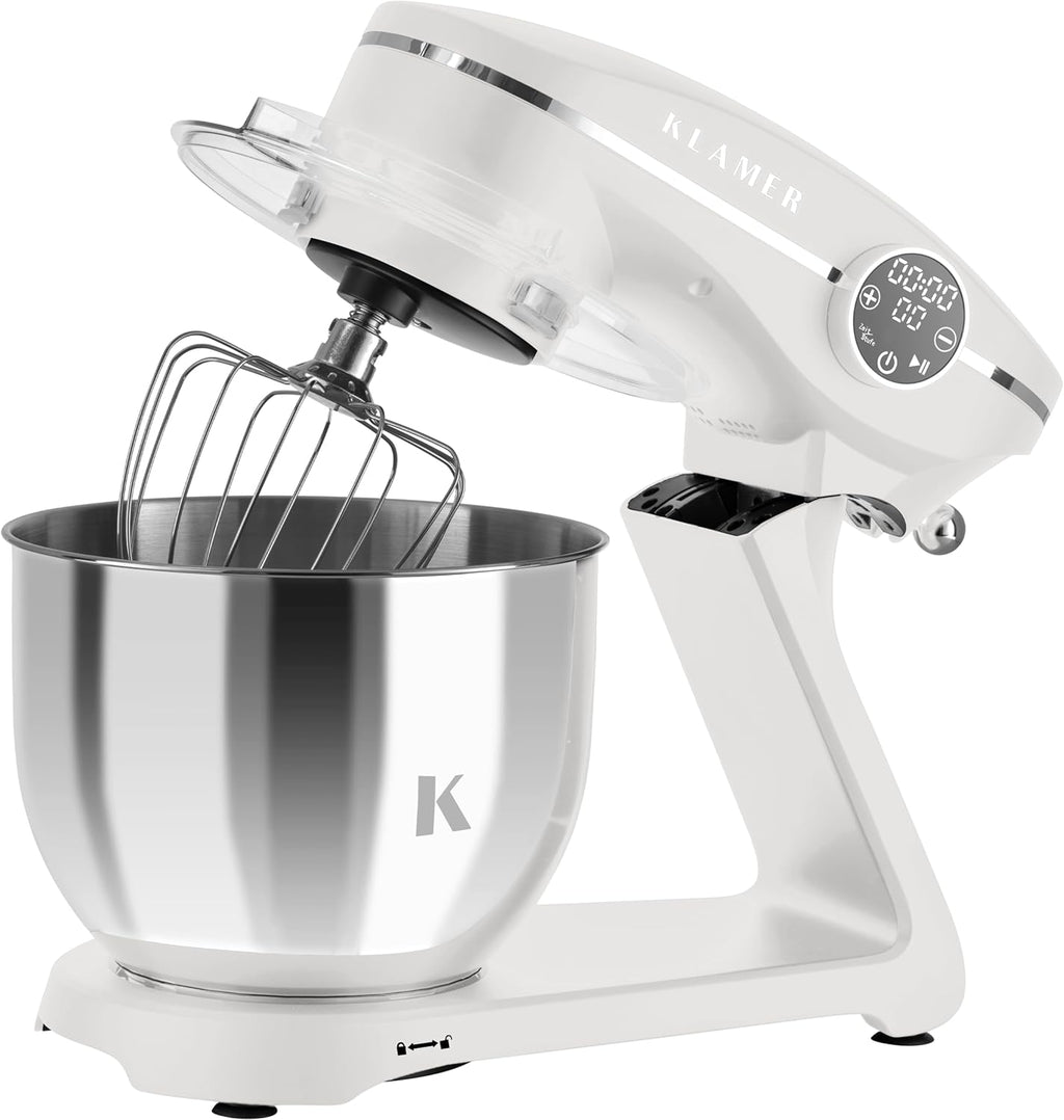 KLAMER Robot da Cucina 1800W, Impastatrice per Pane con Ciotola in Acciaio Inox da 6 L, 10 Velocità con Timer, Movimento Planetario, Frusta a Filo, Gancio Impastatore, Frusta a Palloncino e Coperchio Antischizzi (Nero)