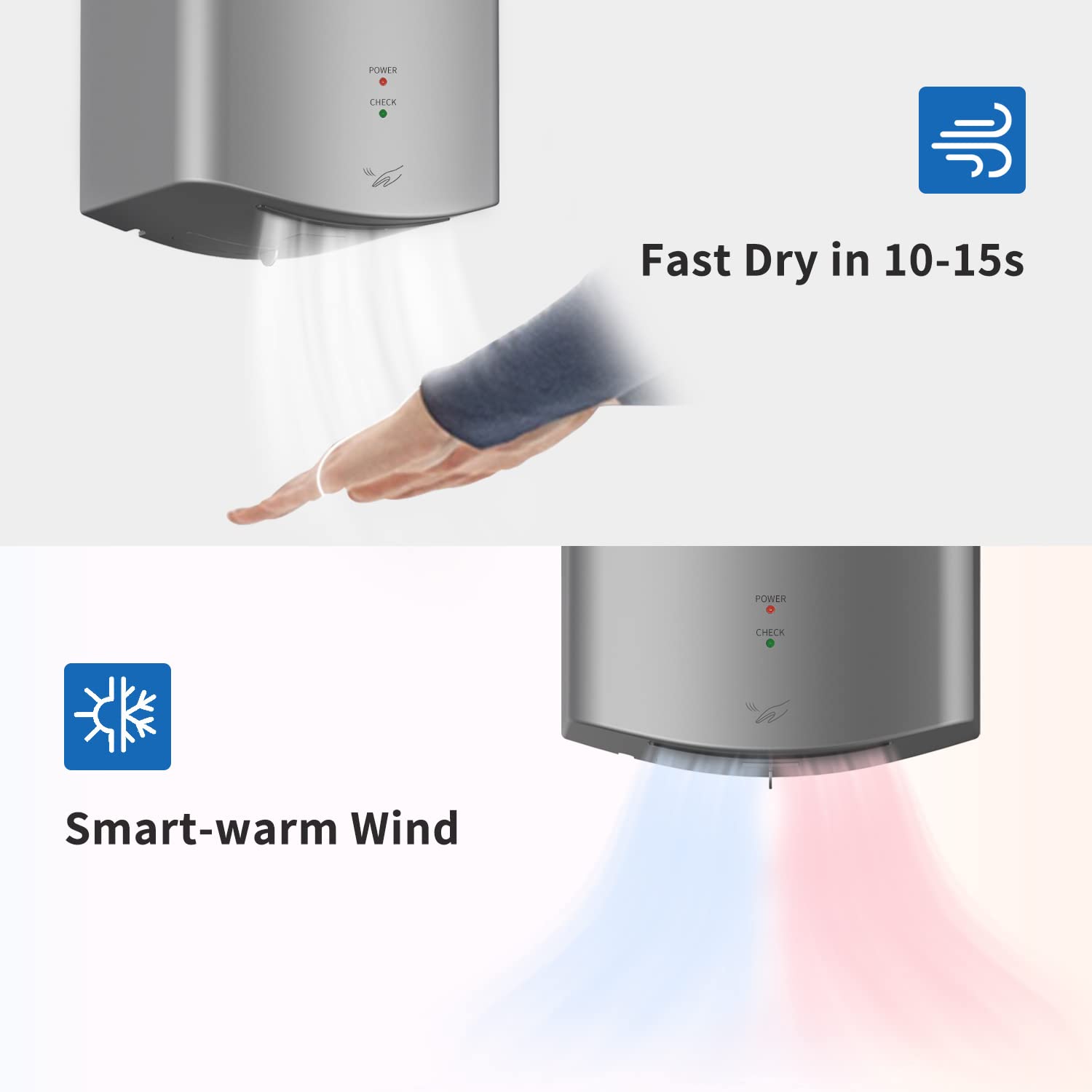 AIKE Hndetrockner 10 Sekunden Trocknen Energiesparend Kommerziell Elektrischer Hndetrockner Automatisch für Küche Badezimmer Toilette AK2630S 220V 1400W Silber