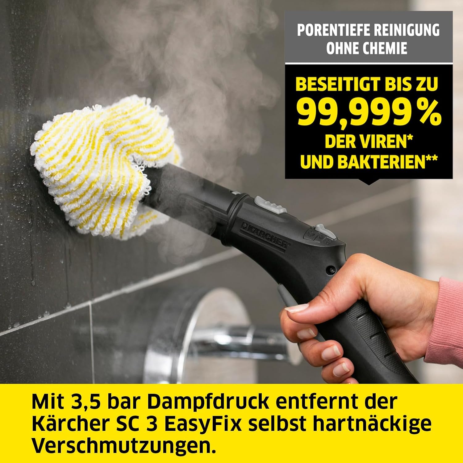 Kärcher Pulitore a vapore SC 2 EasyFix, pressione vapore: 3,2 bar, tempo di riscaldamento: 6,5 min., potenza: 1.500 W, copertura: 75 m², serbatoio: 1 l, con set per la pulizia del pavimento EasyFix, ugelli e panno in microfibra, bianco