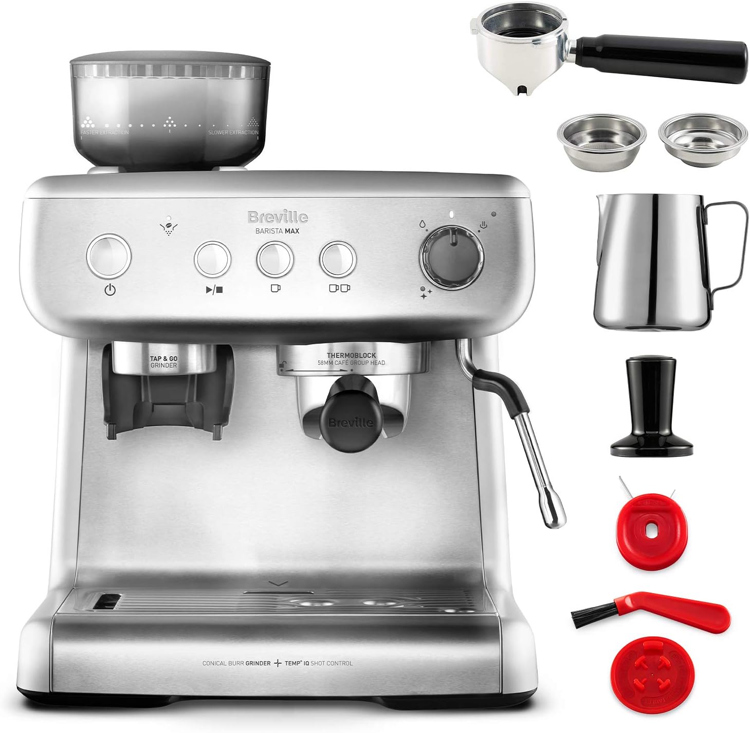 Breville Barista Max Macchina da caffè con braccio per espresso | Macchina da caffè espresso con macinacaffè integrato e montalatte | Serbatoio dell'acqua da 2,8 l | Pompa italiana da 15 bar | Acciaio inossidabile [VCF126X]