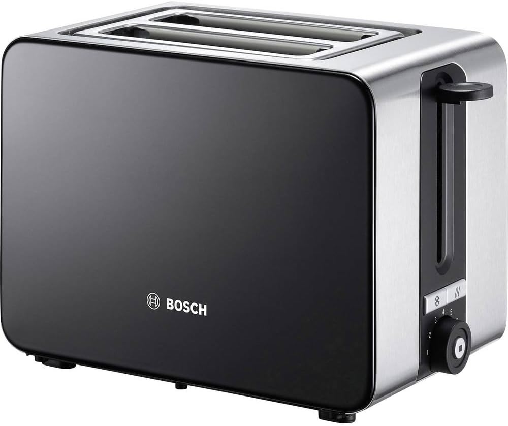 Bosch TAT7203 Tostapane compatto, funzione scongelamento/riscaldamento, 1050 W, acciaio inox/nero e bollitore senza fili, spegnimento automatico, protezione surriscaldamento, selezione temperatura, 1,5 L, 2400 W, nero