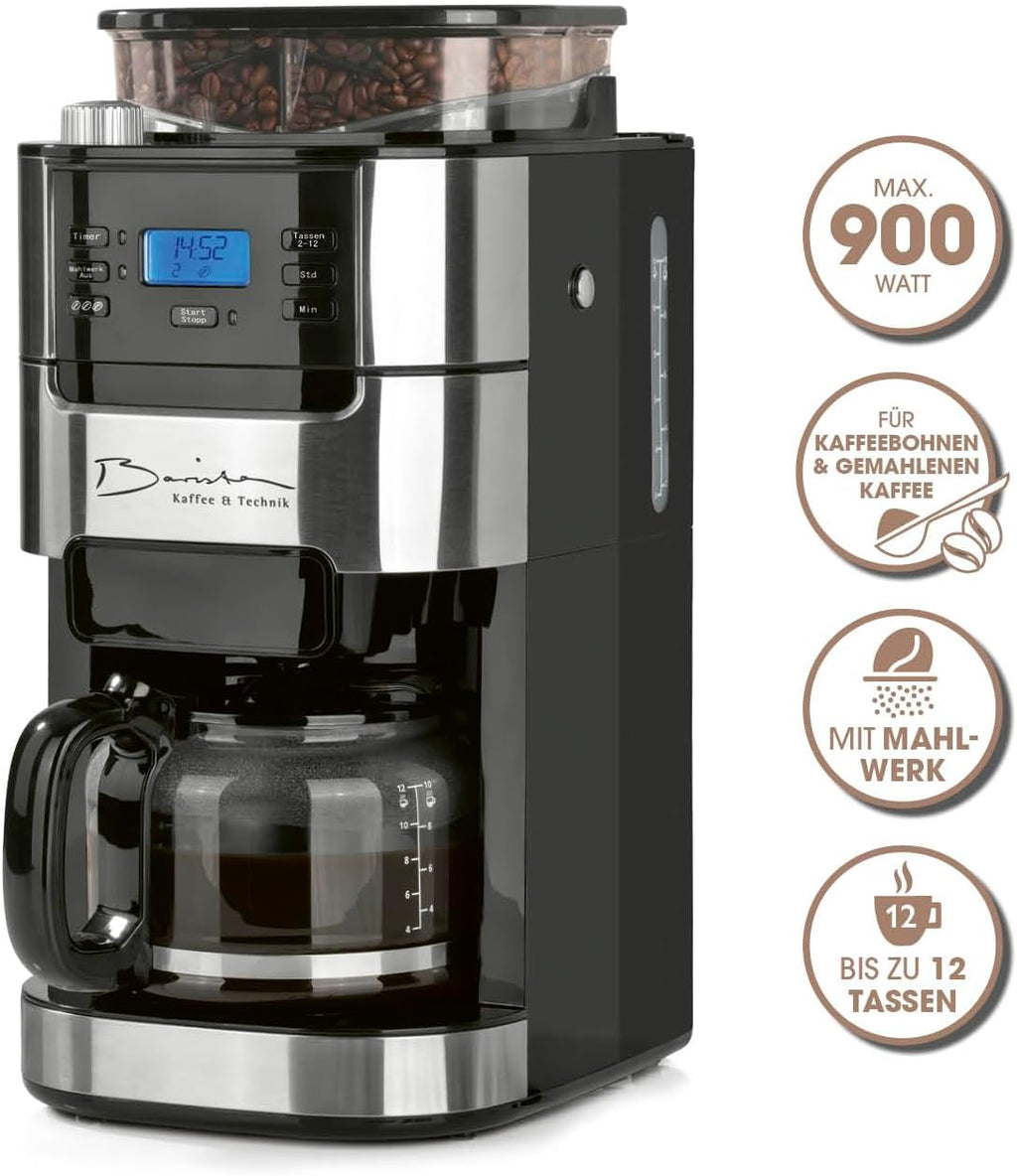 Barista Kaffeemaschine mit Mahlwerk | Filterkaffeemaschine mit Glaskanne | 900W Filtermaschine mit Touchdisplay & Timerfunktion für bis zu 10 Tassen | 1,25 Liter Kaffeekanne | Für Bohnen & Pulver