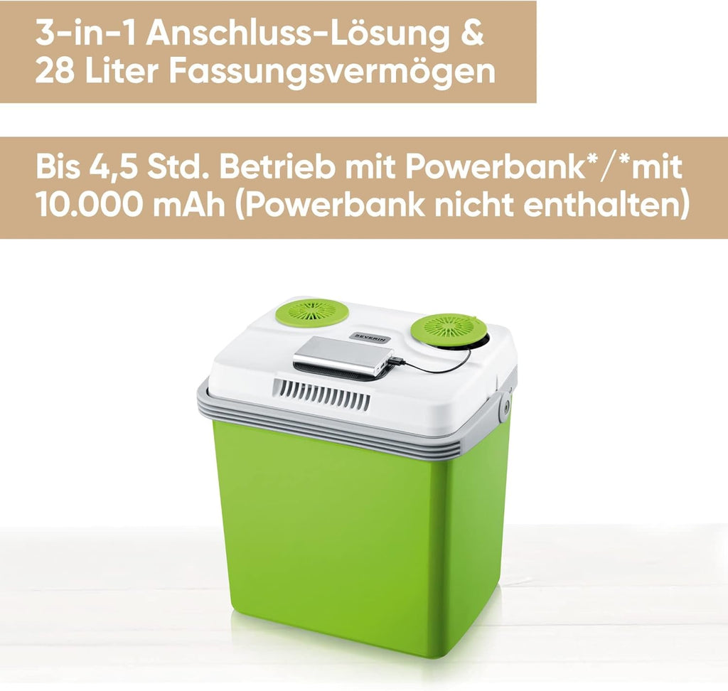 SEVERIN Electric Cool Box with a Cooling and Warming Function, 20 L, Incl. 2 Connections: 220 - 240 V / 12 V DC, KB 2922, Green-Grey, With additional USB connection, 28 l