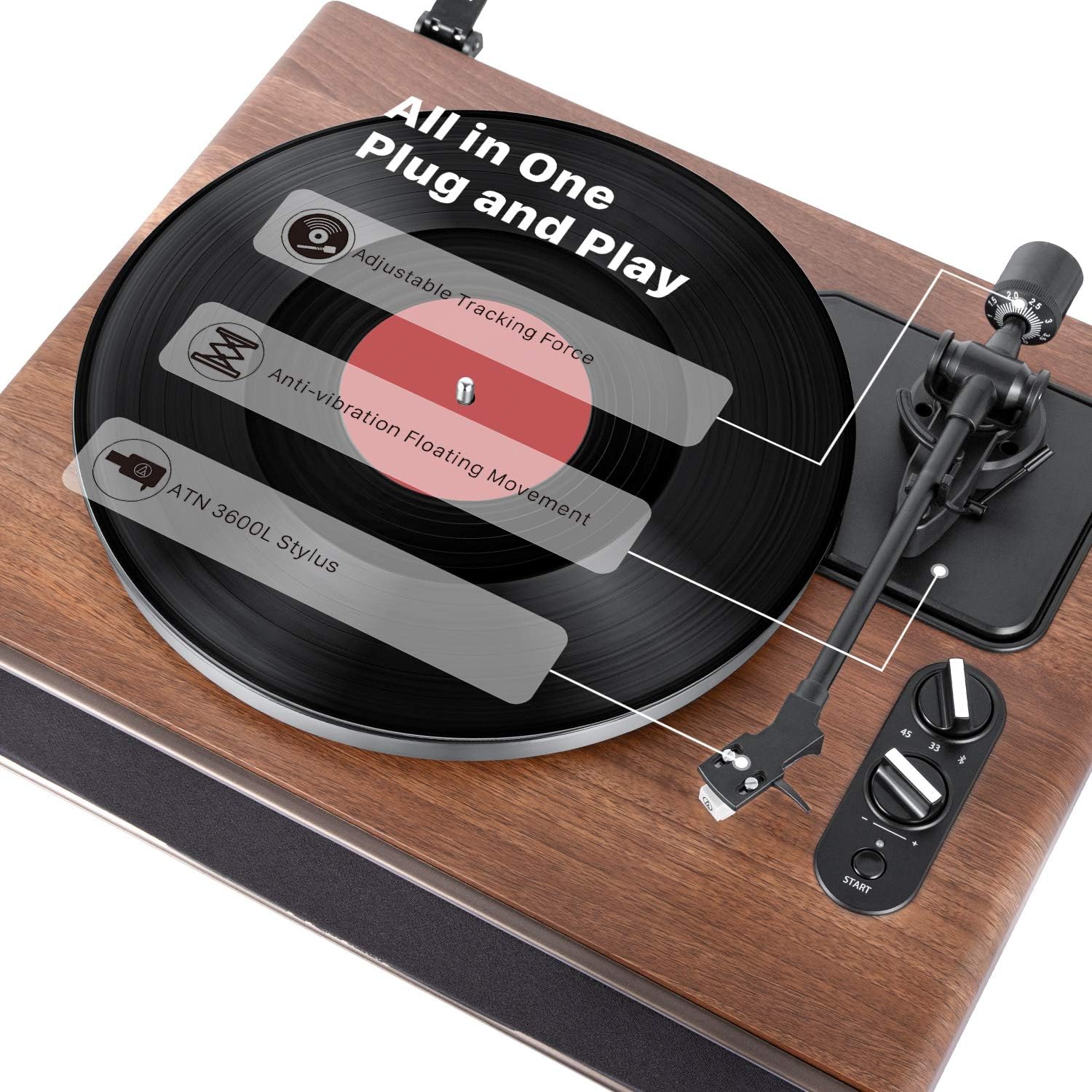 1 by ONE Plattenspieler mit Integrierten Lautsprechern Bluetooth 33/45 U/min Riemenantrieb MM Vinyl Record Player mit Auto-Stopp Funktion Phono-Vorverstrker