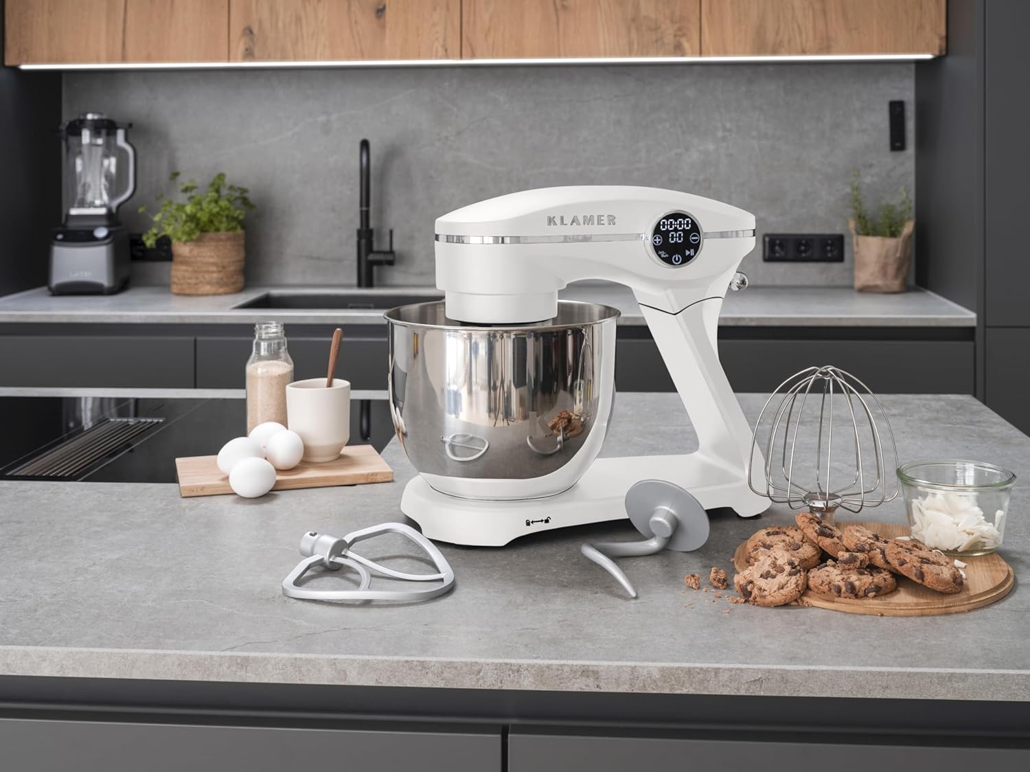 Impastatrice Planetaria KLAMER 1800W, con Ciotola in Acciaio Inossidabile da 6 Litri, 10 Velocità con Timer, Frusta a Filo, Gancio Impastatore, Frusta Piatta e Paraspruzzi