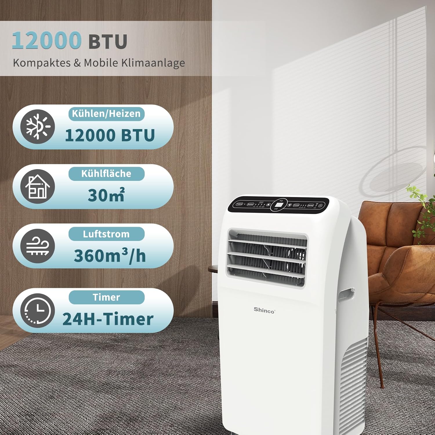 SHINCO Condizionatore Portatile con Tubo di Scarico, Climatizzatore 3-in-1 con Deumidificatore e Ventilatore, 7000BTU, 2,05 kW, Condizionatore Mobile con Modalità Notturna, Timer e Materiale di Montaggio, Ambienti Fino a 54m