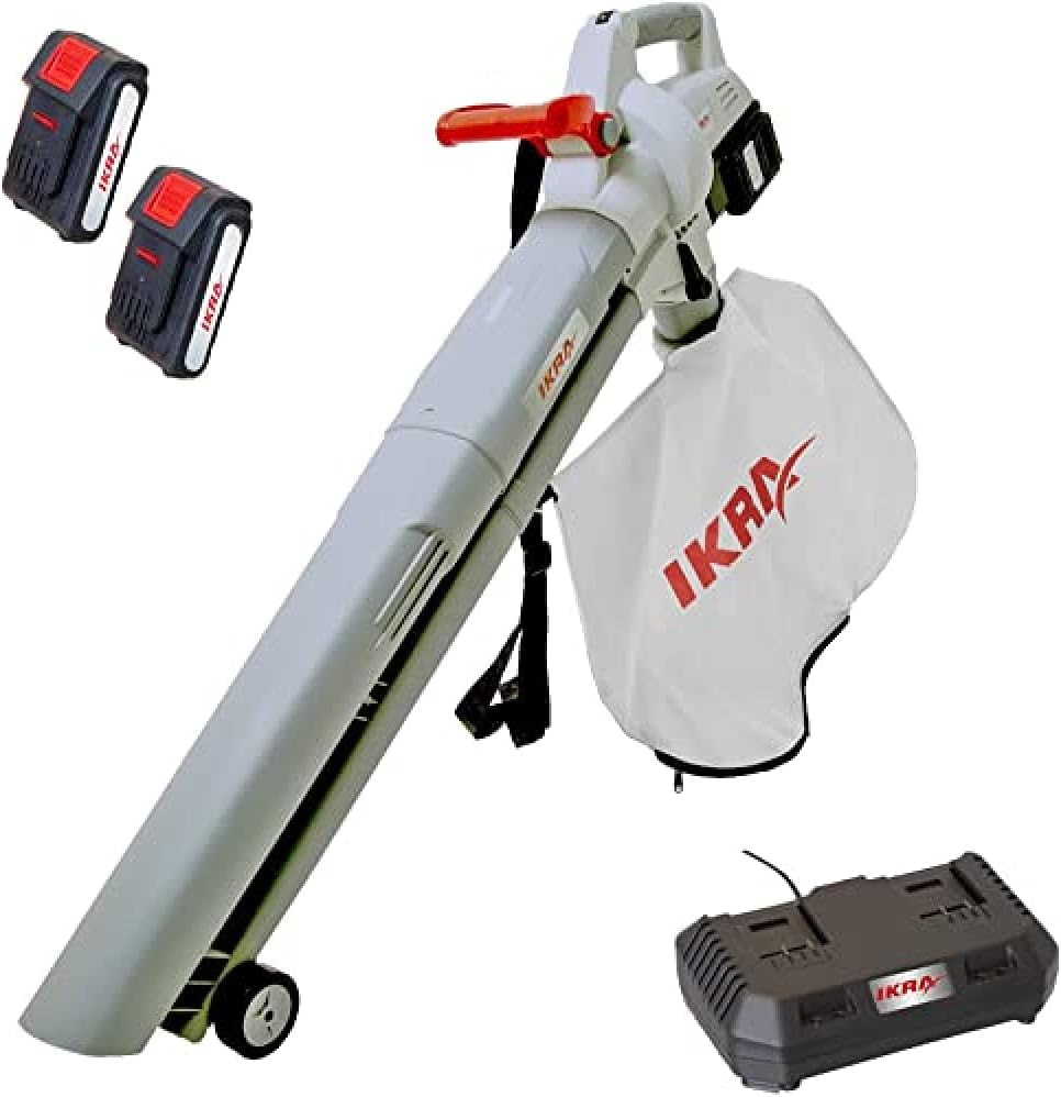 IKRA 74003200 Batteria Soffiatore Aspiratore Trituratore 3in1 ICBV 2/20 incl. 2 batterie e caricatore doppio rapido, 40 V, Grigio/Rosso