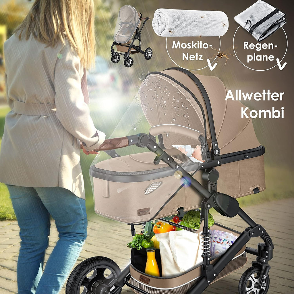 KESSER Passeggino trio Loops 3 in 1, set completo con navicella, seduta sportiva e seggiolino auto con pneumatici in gomma piena, borsa fasciatoio, parapioggia, tavolino, ECE R129, nero/champagne