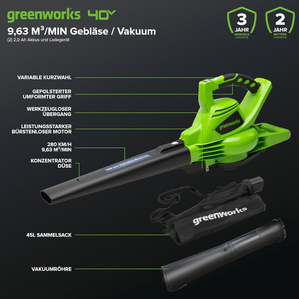Greenworks 40V Soffiatore Assiale a Batteria con Cruise Control, 177 km/h, 11,05 m³/min, Sacco di Raccolta da 45L, due Batterie da 2Ah e Caricabatterie, 3 Anni di Garanzia GD40BVK2X