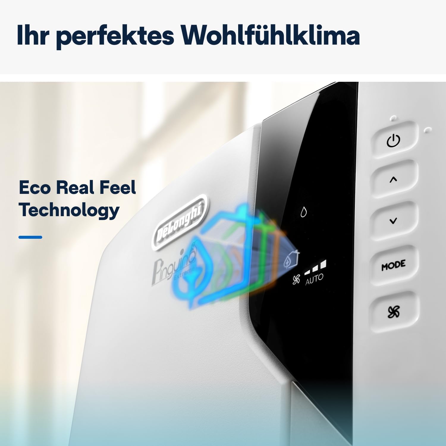 De'Longhi Pinguino PAC EM82, Condizionatore Portatile per ambienti fino a 80 m³, 9.400 BTU, 2,4 kW, 63 dB, Funzione Deumidificatore, Classe Energetica A, Timer 24h, Bianco