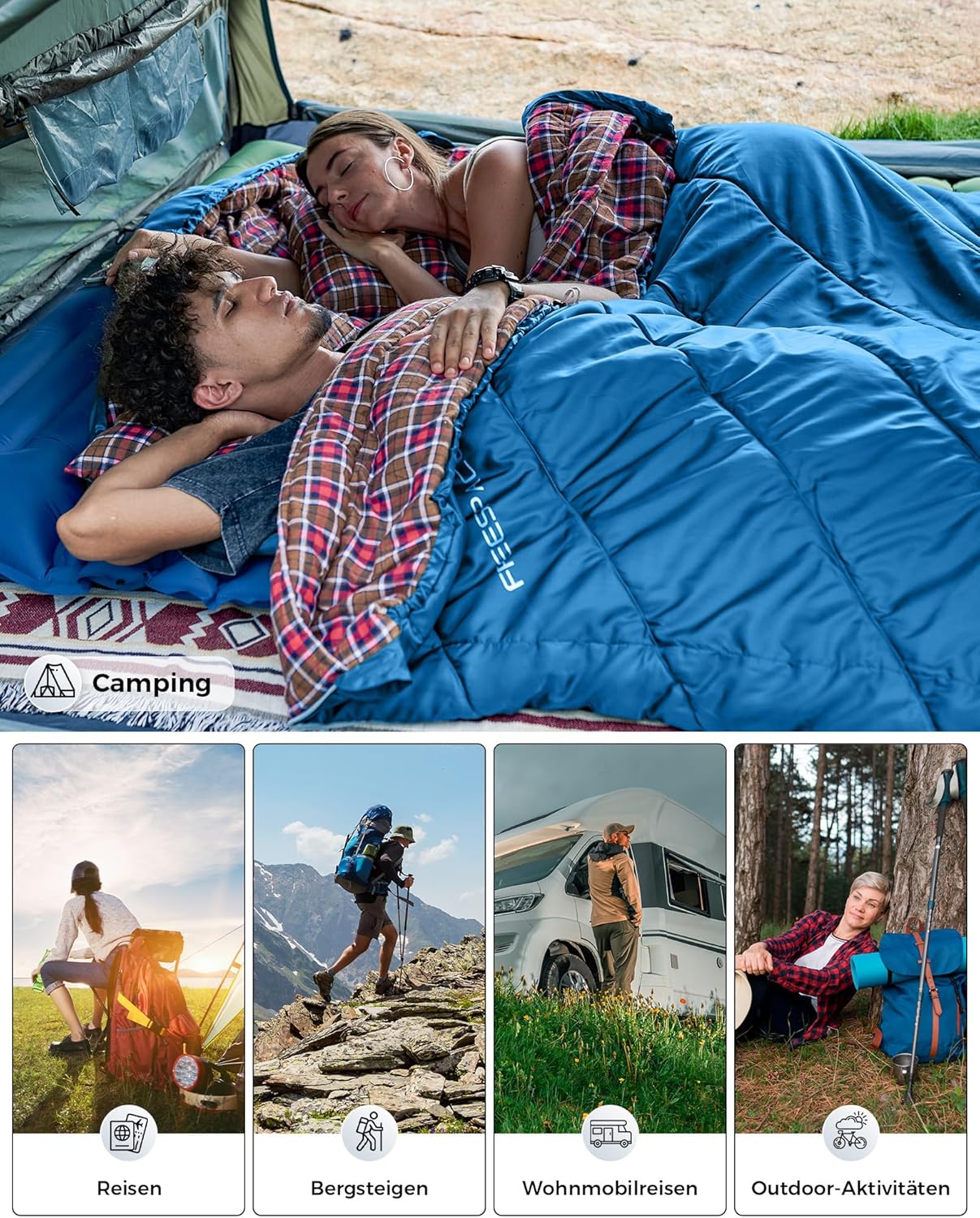 KingCamp Doppelschlafsack Flanell, Schlafsack 2 Personen, Schlafsack 3-4 Jahreszeiten, wasserfest, warm und komfortabel, verpackbar Schlafsack Outdoor