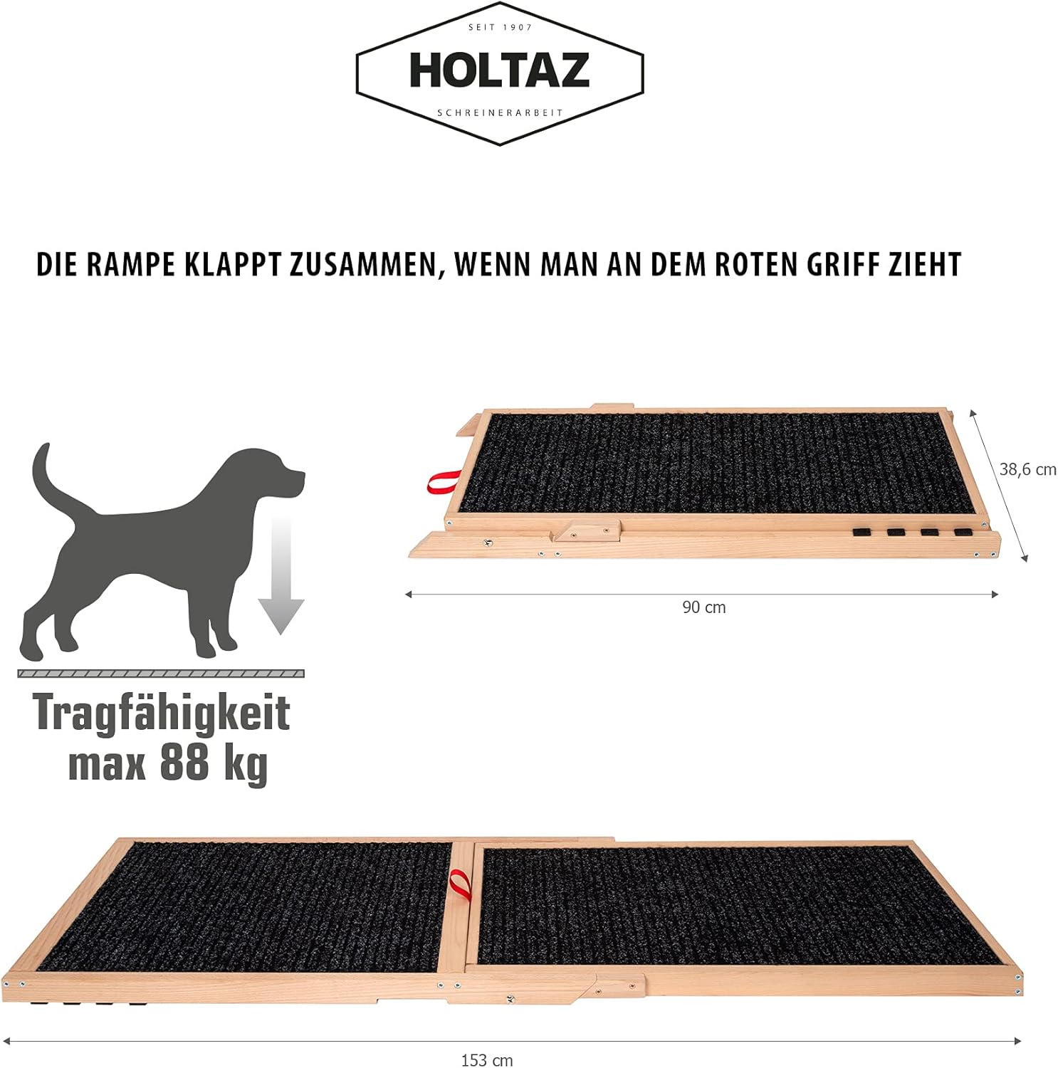 Holtaz Rampa per Cani Rampa per Gatti Scaletta per Cani per Letto o Divano Pieghevole in Legno Petwalk Scala per Cani Rampa di Carico per Animali Domestici con Inserto Antiscivolo Naturale