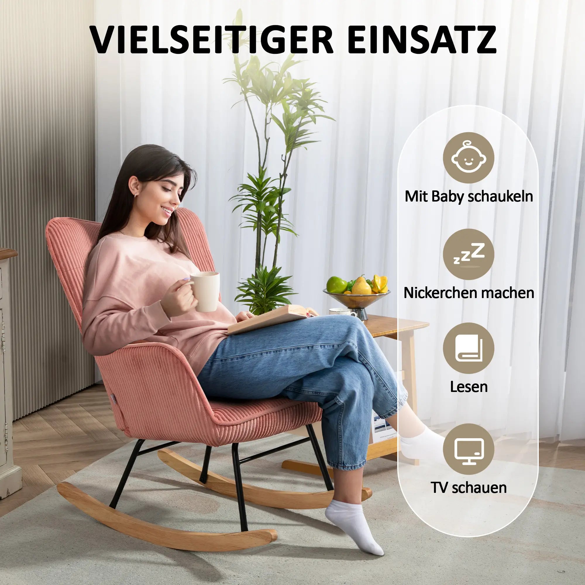 HOMCOM Schaukelstuhl Kord Rosa mit Schaukelfunktion & Komfortpolster