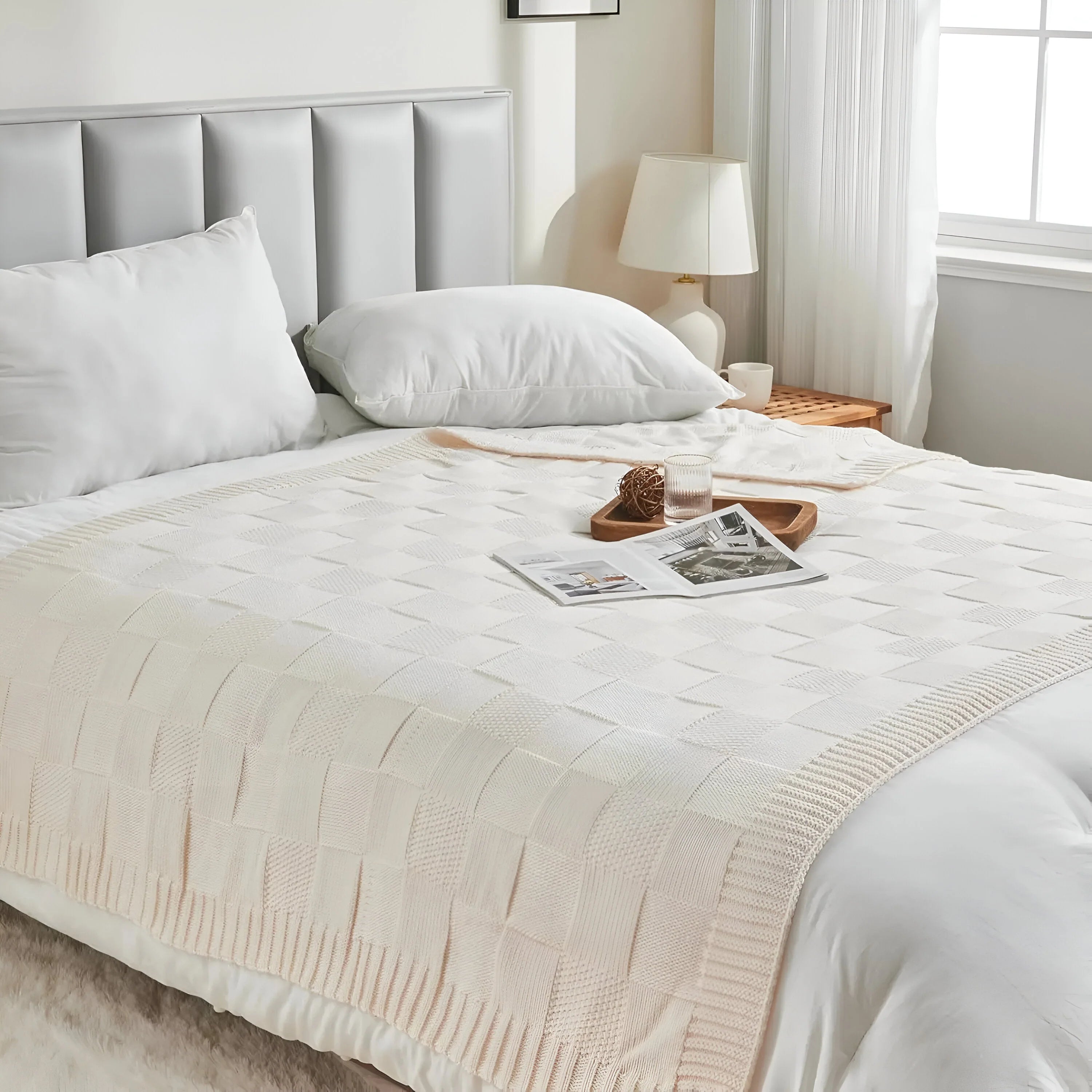 MonoKnit Coperta lavorata a maglia – Coperta in pile acrilico a righe di alta qualità, in bianco e nero, per letto e divano