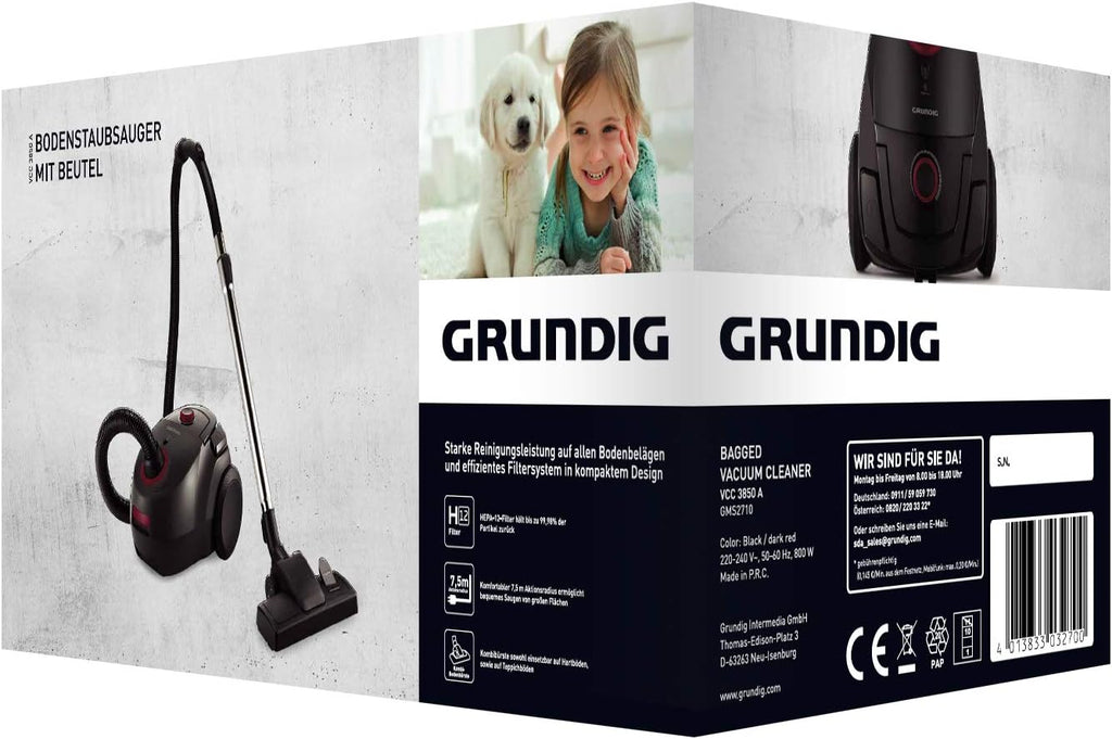 Grundig, VCC 3850 A Aspirapolvere a traino con sacco, 800 W, 2,1 L, Nero/Rosso